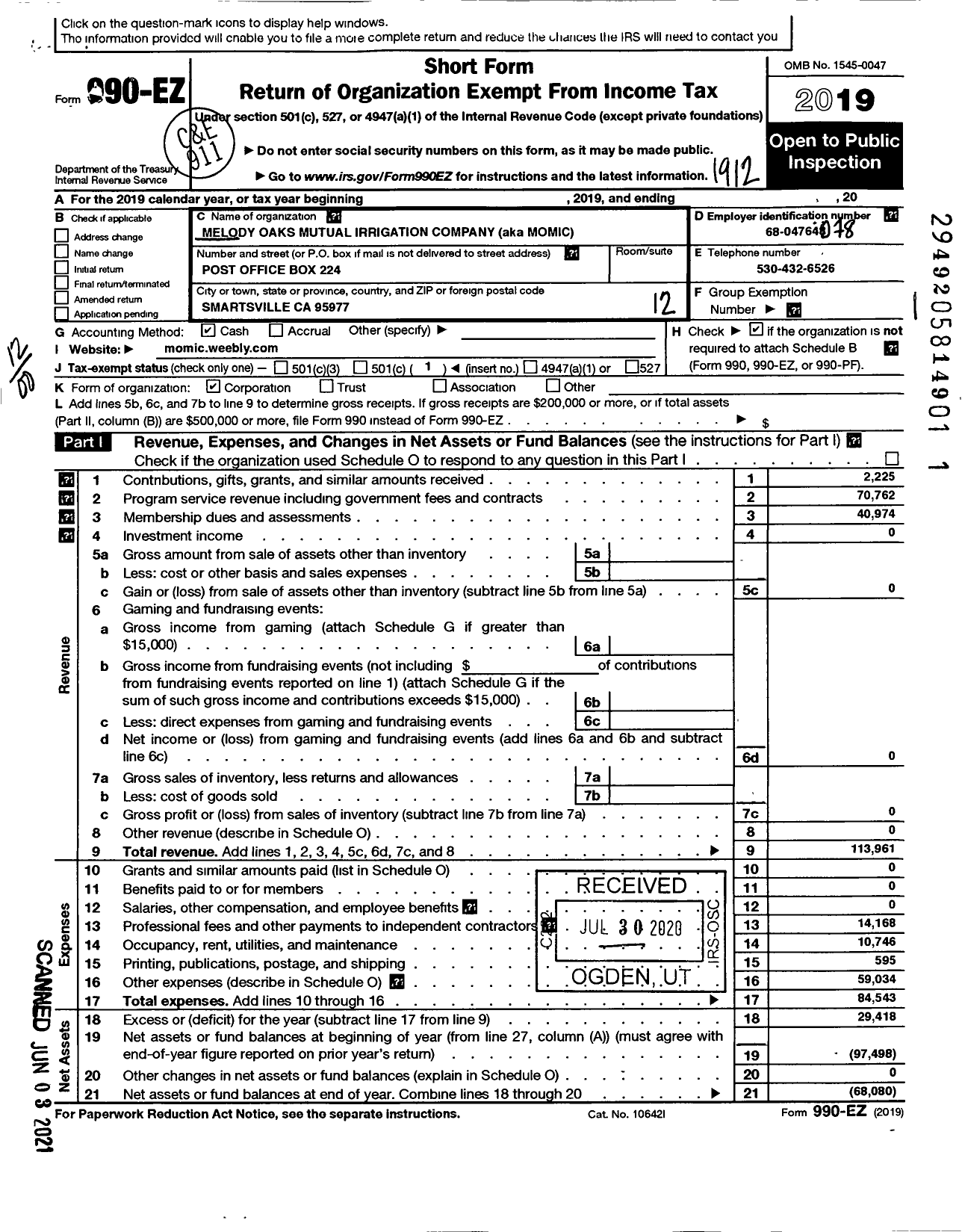 Image of first page of 2019 Form 990EO for Melody Oaks Mutual Irrigation Company (MOMIC)