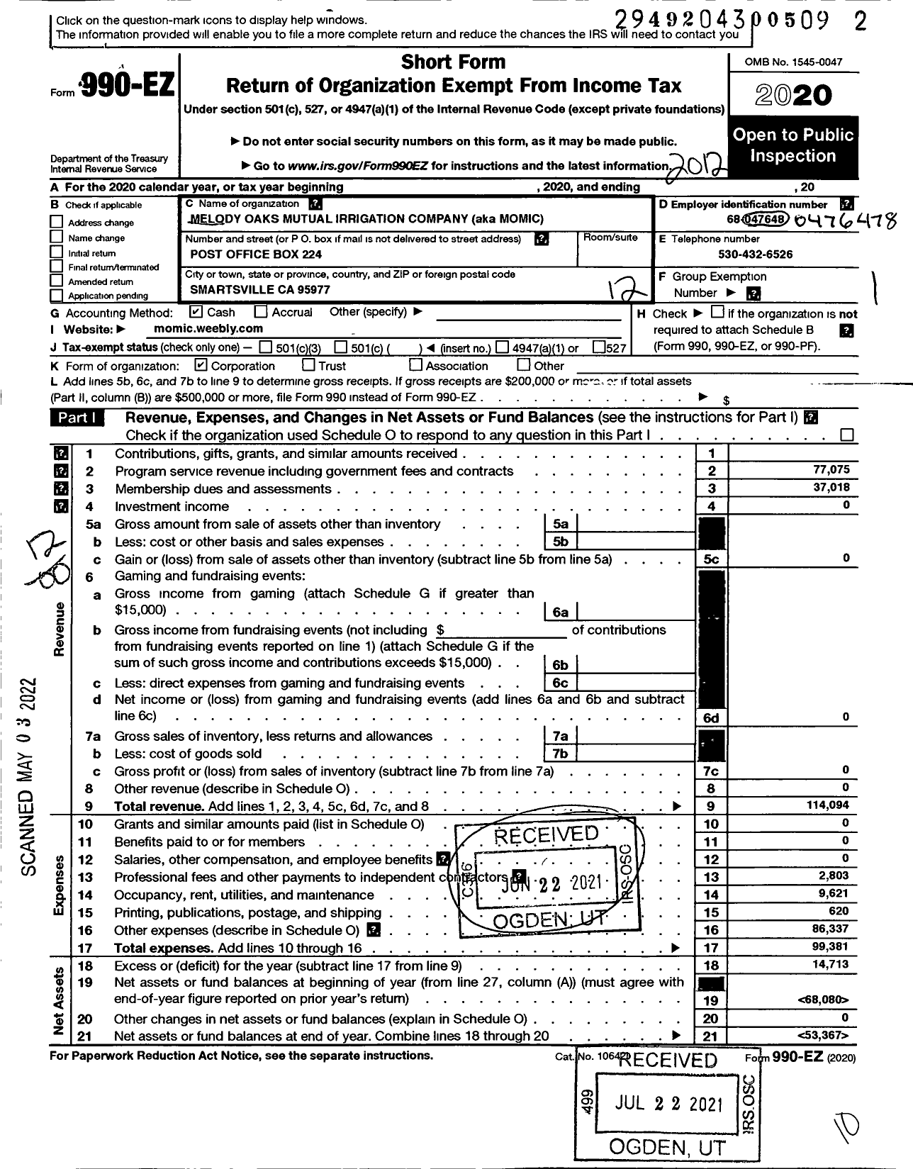 Image of first page of 2020 Form 990EO for Melody Oaks Mutual Irrigation Company (MOMIC)