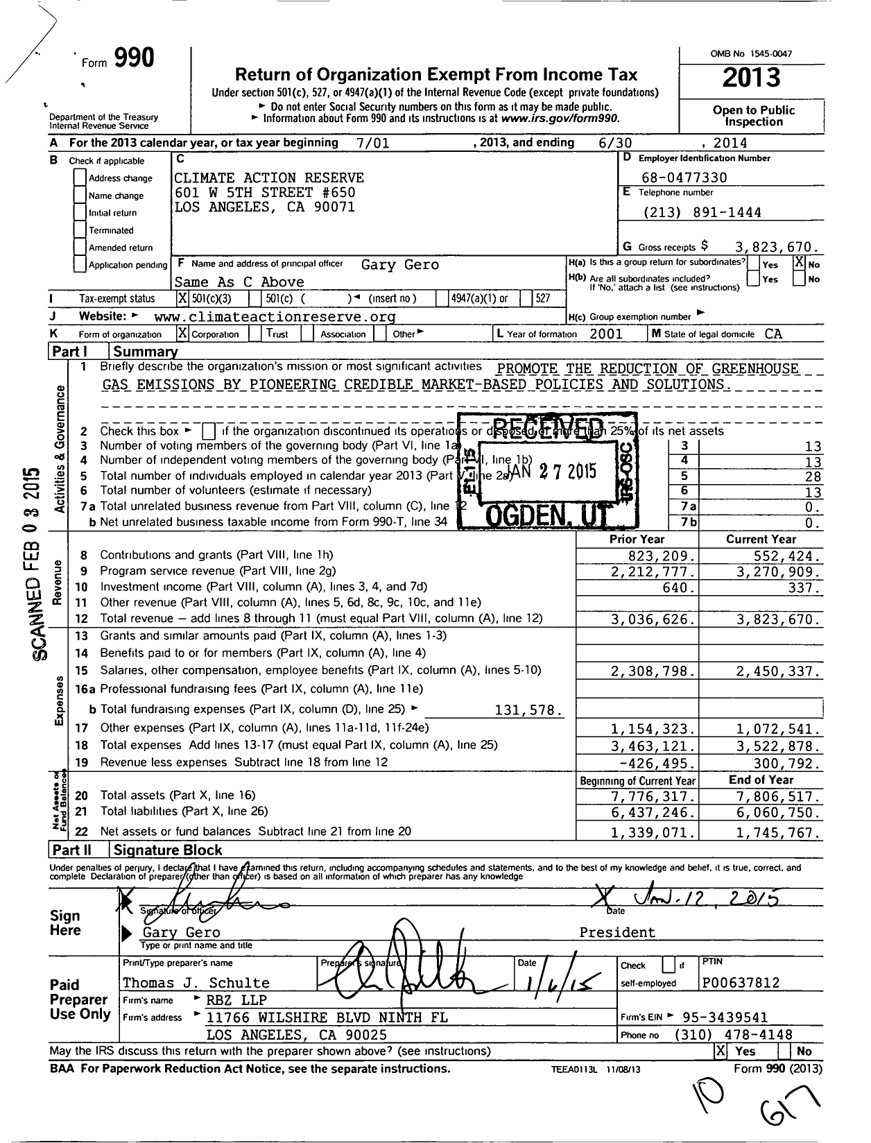 Image of first page of 2013 Form 990 for Climate Action Reserve