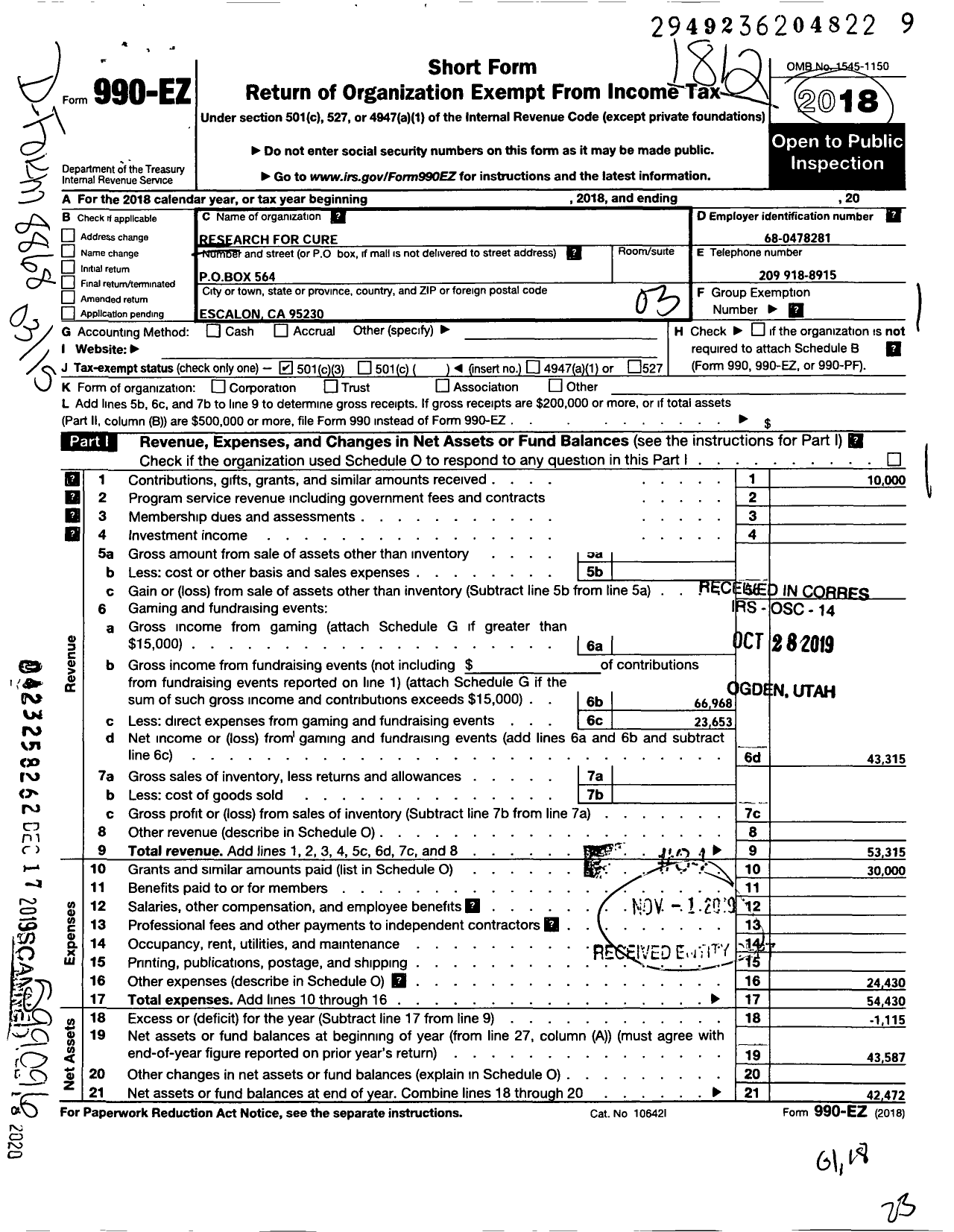 Image of first page of 2018 Form 990EZ for Research for Cure