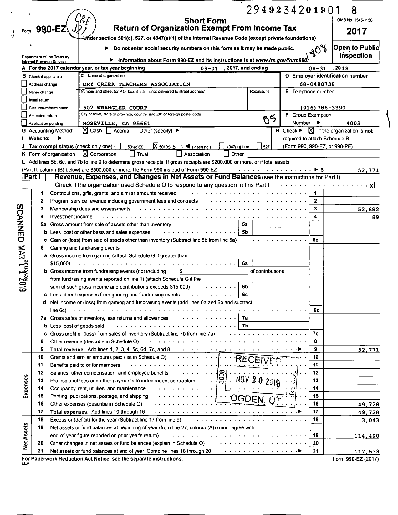 Image of first page of 2017 Form 990EO for California Teachers Association - Dry Creek Ta