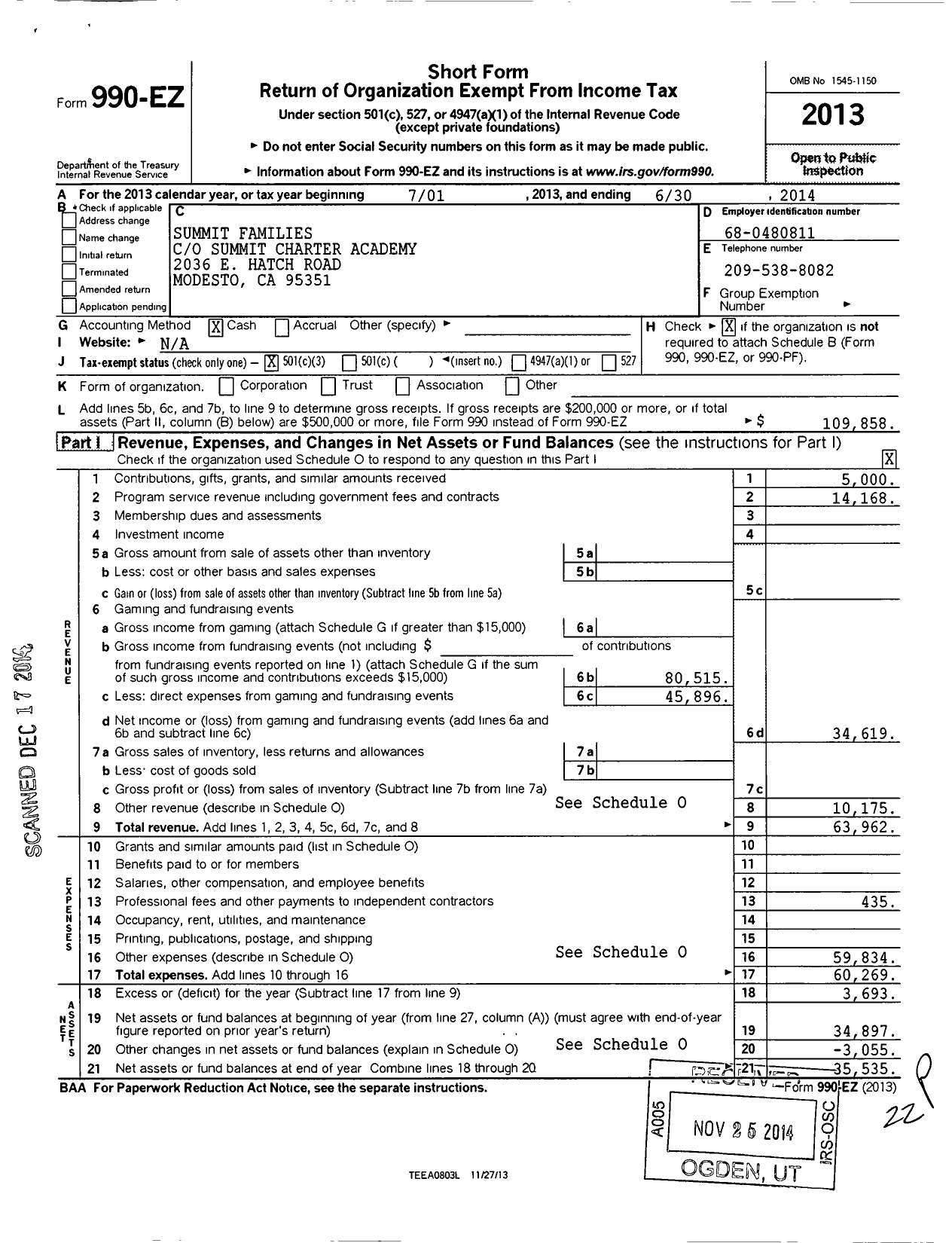 Image of first page of 2013 Form 990EZ for Summit Families