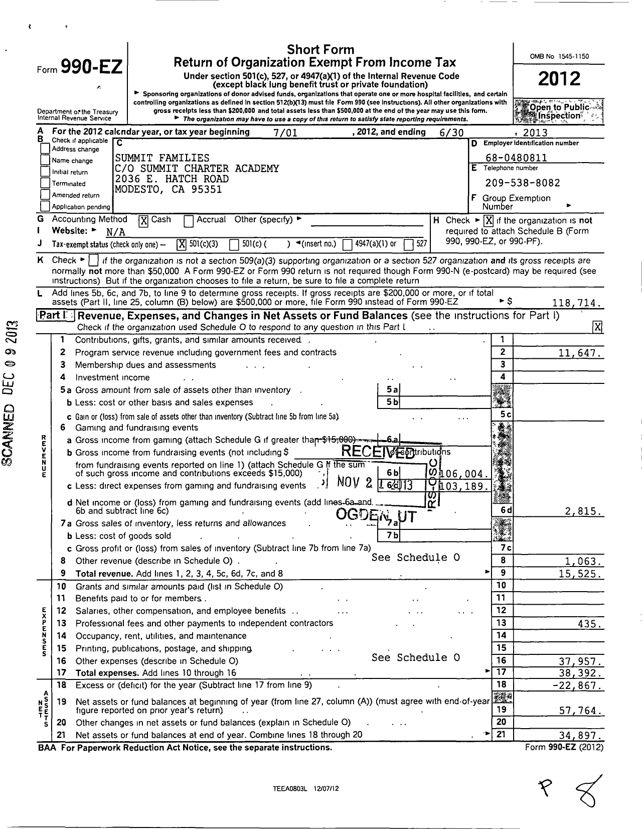 Image of first page of 2012 Form 990EZ for Summit Families