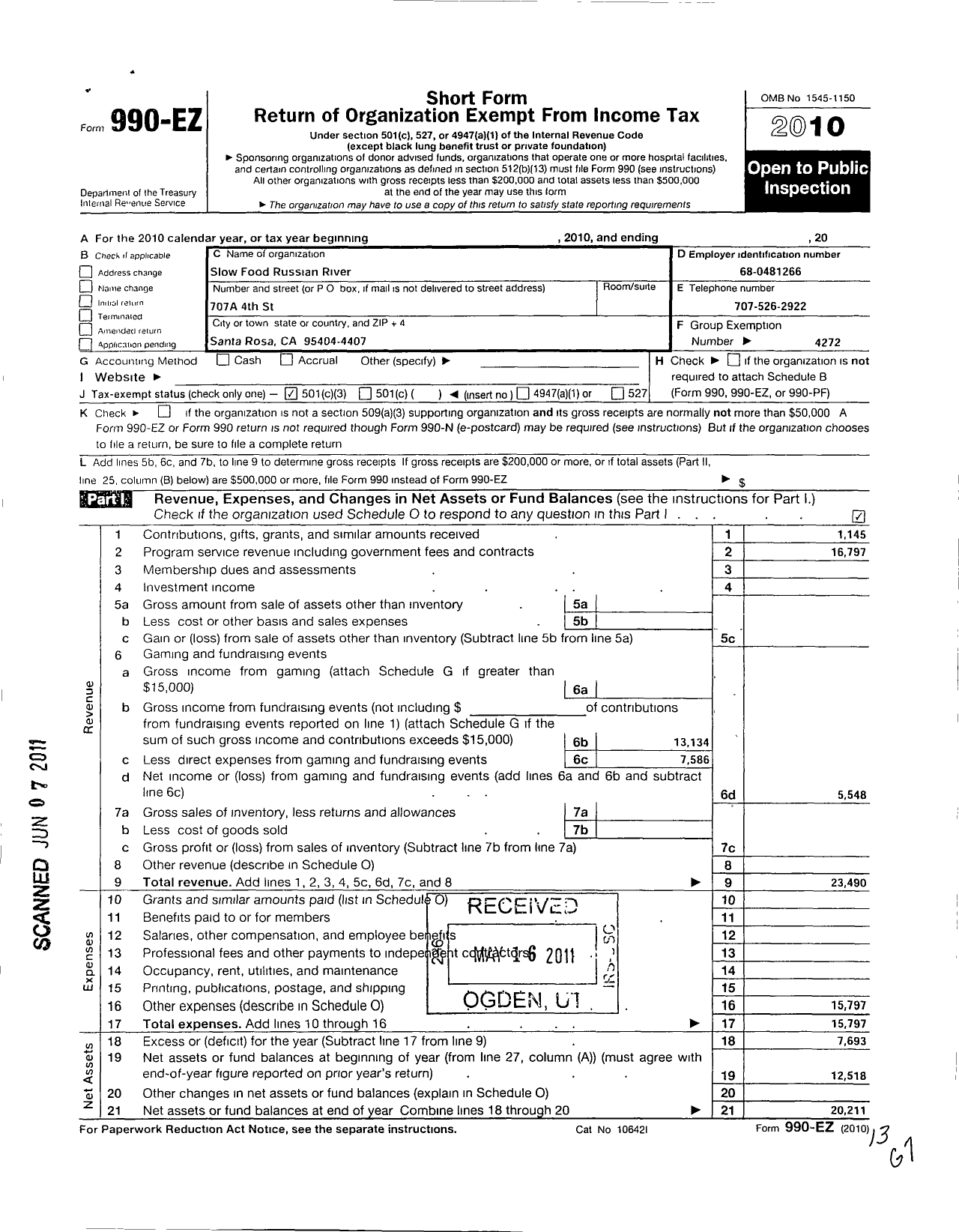 Image of first page of 2010 Form 990EZ for Slow Food Russian River