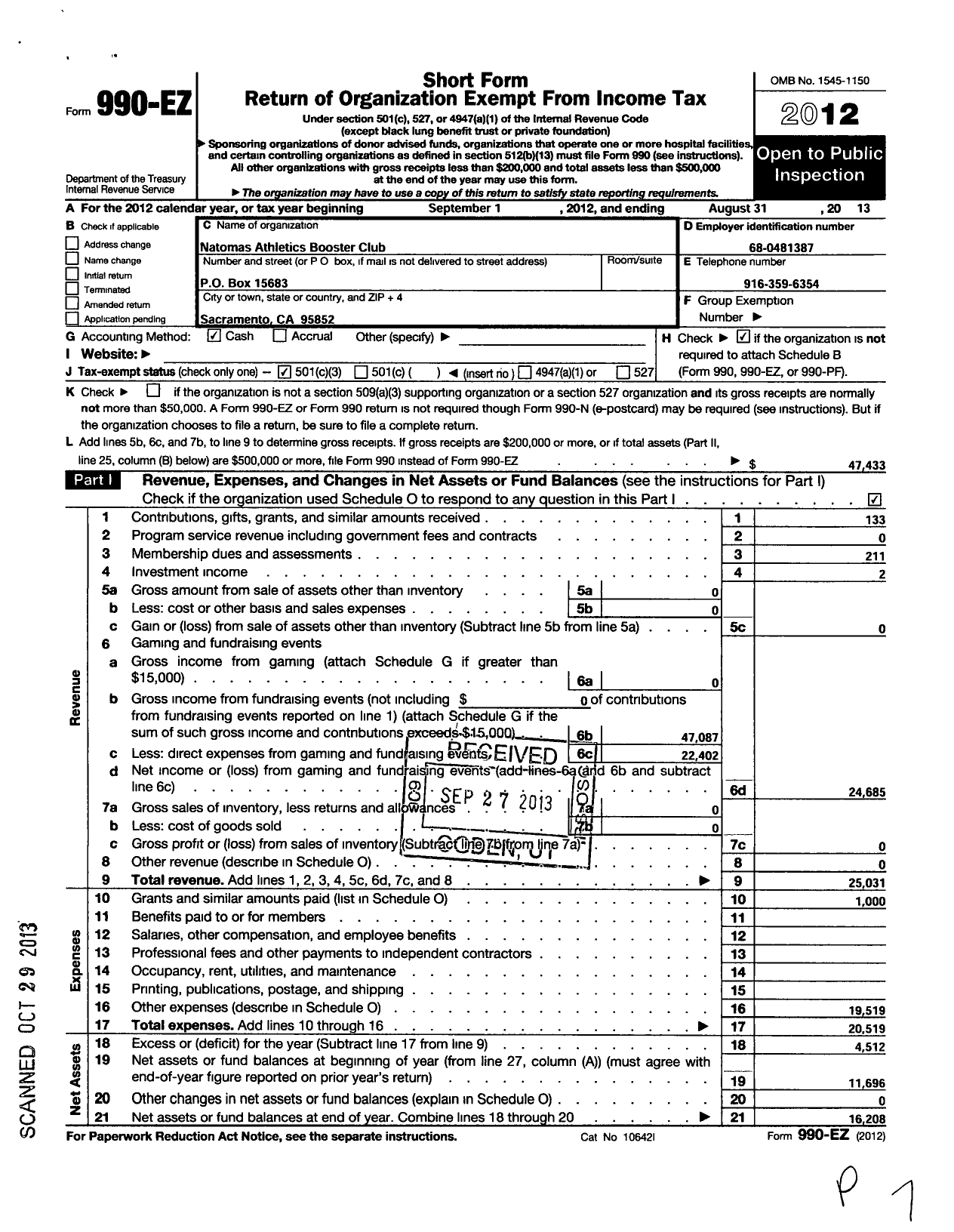 Image of first page of 2012 Form 990EZ for Natomas Athletics Booster Club