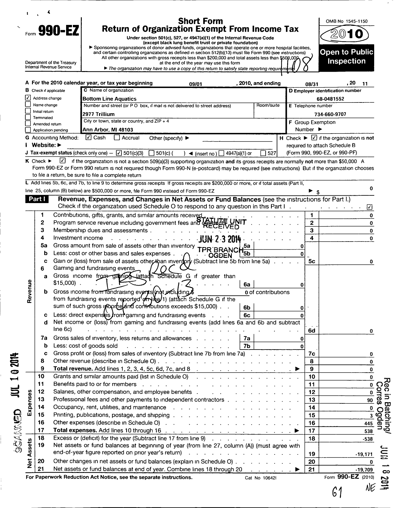 Image of first page of 2010 Form 990EZ for Bottom Line Aquatics