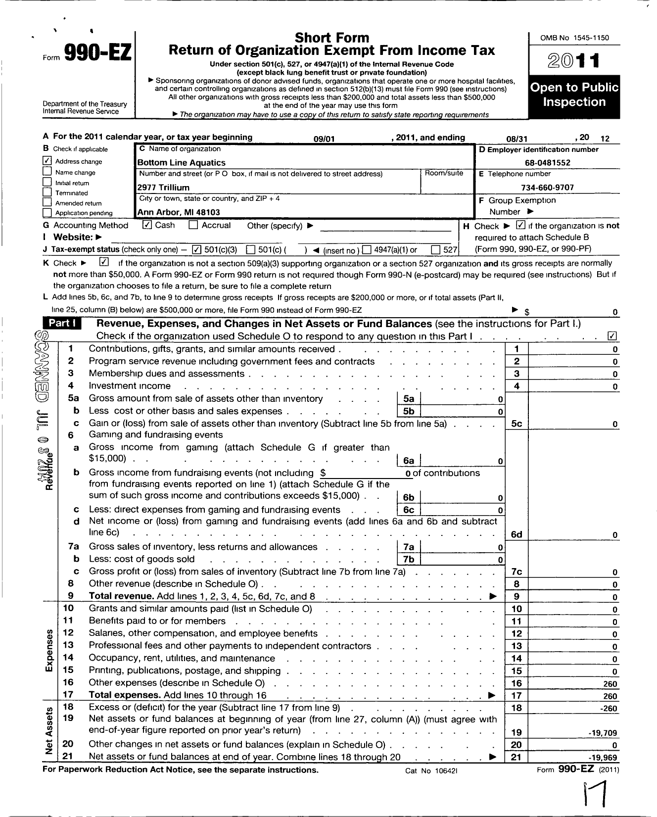 Image of first page of 2011 Form 990EZ for Bottom Line Aquatics