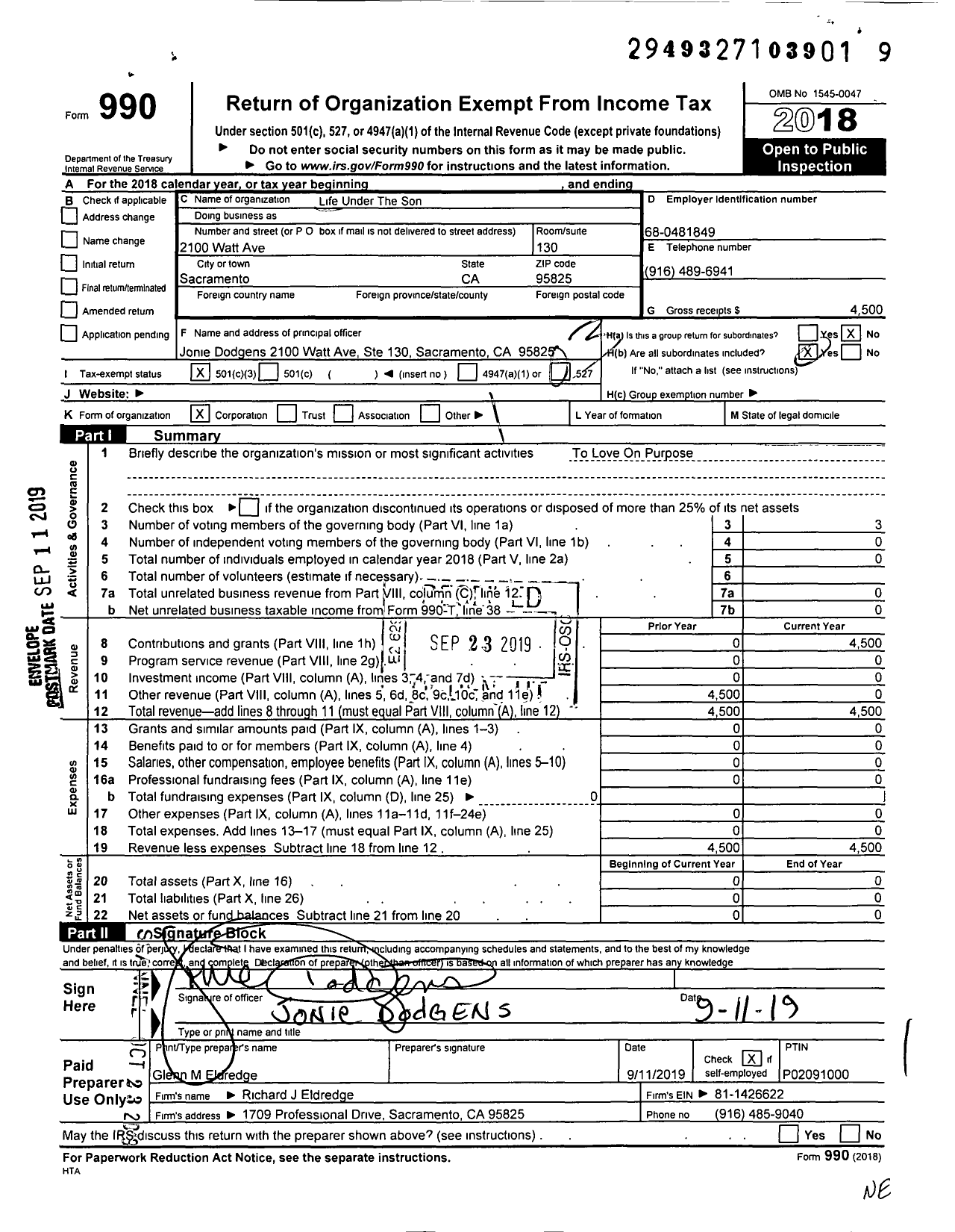 Image of first page of 2018 Form 990 for Life Under The Son