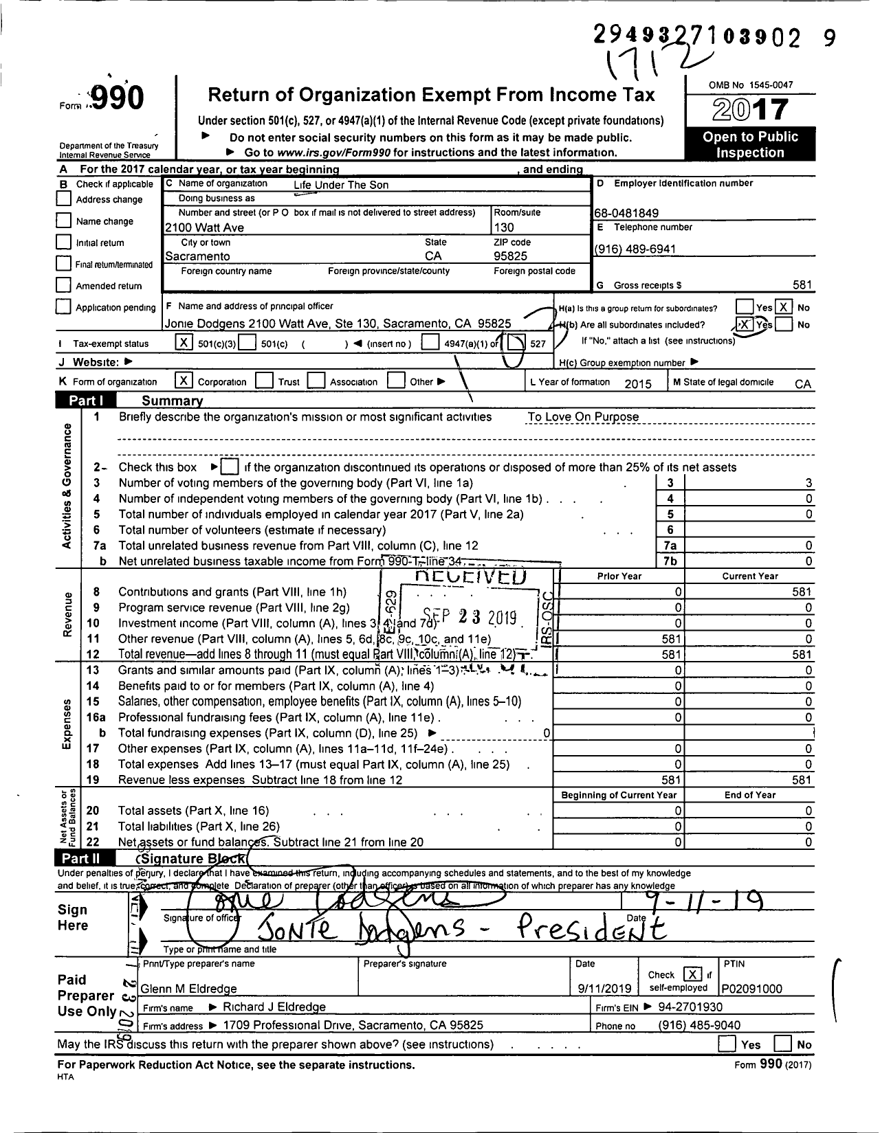 Image of first page of 2017 Form 990 for Life Under The Son