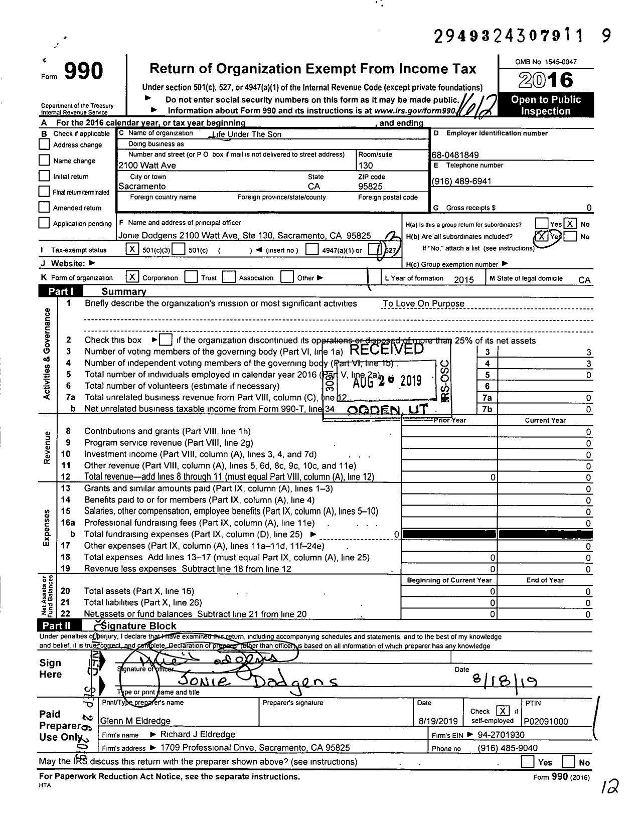 Image of first page of 2016 Form 990 for Life Under The Son