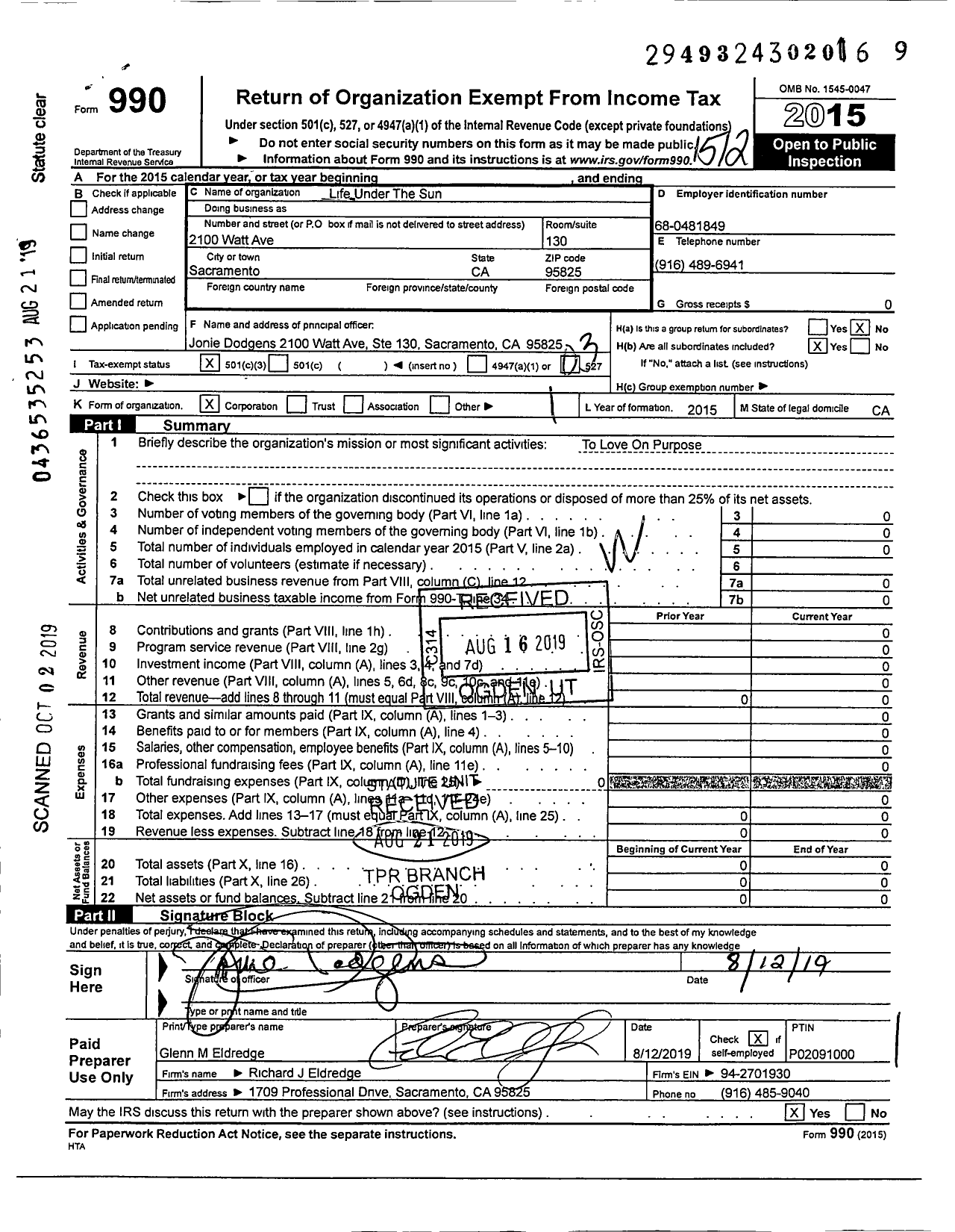 Image of first page of 2015 Form 990 for Life Under The Son