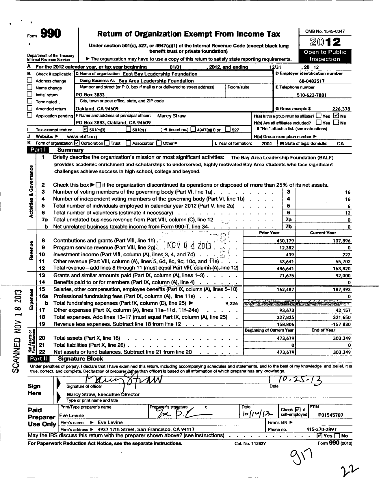 Image of first page of 2012 Form 990 for East Bay Leadership Foundation