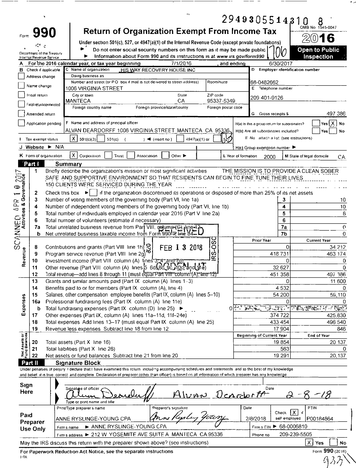Image of first page of 2016 Form 990 for His Way Recovery House