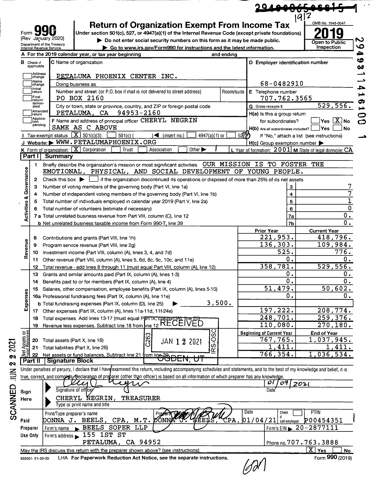 Image of first page of 2019 Form 990 for Petaluma Phoenix Center