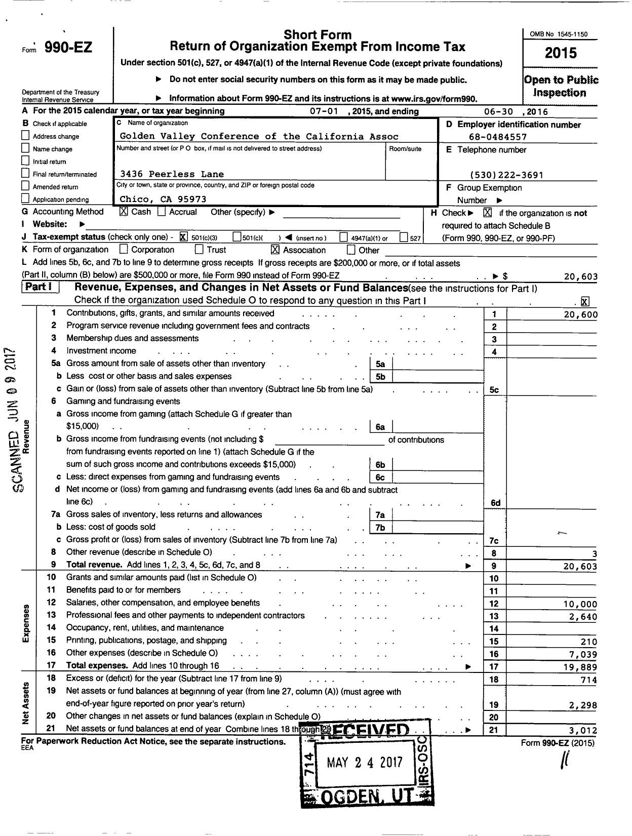 Image of first page of 2015 Form 990EZ for Golden Valley Conference of the California Association of Community Coll