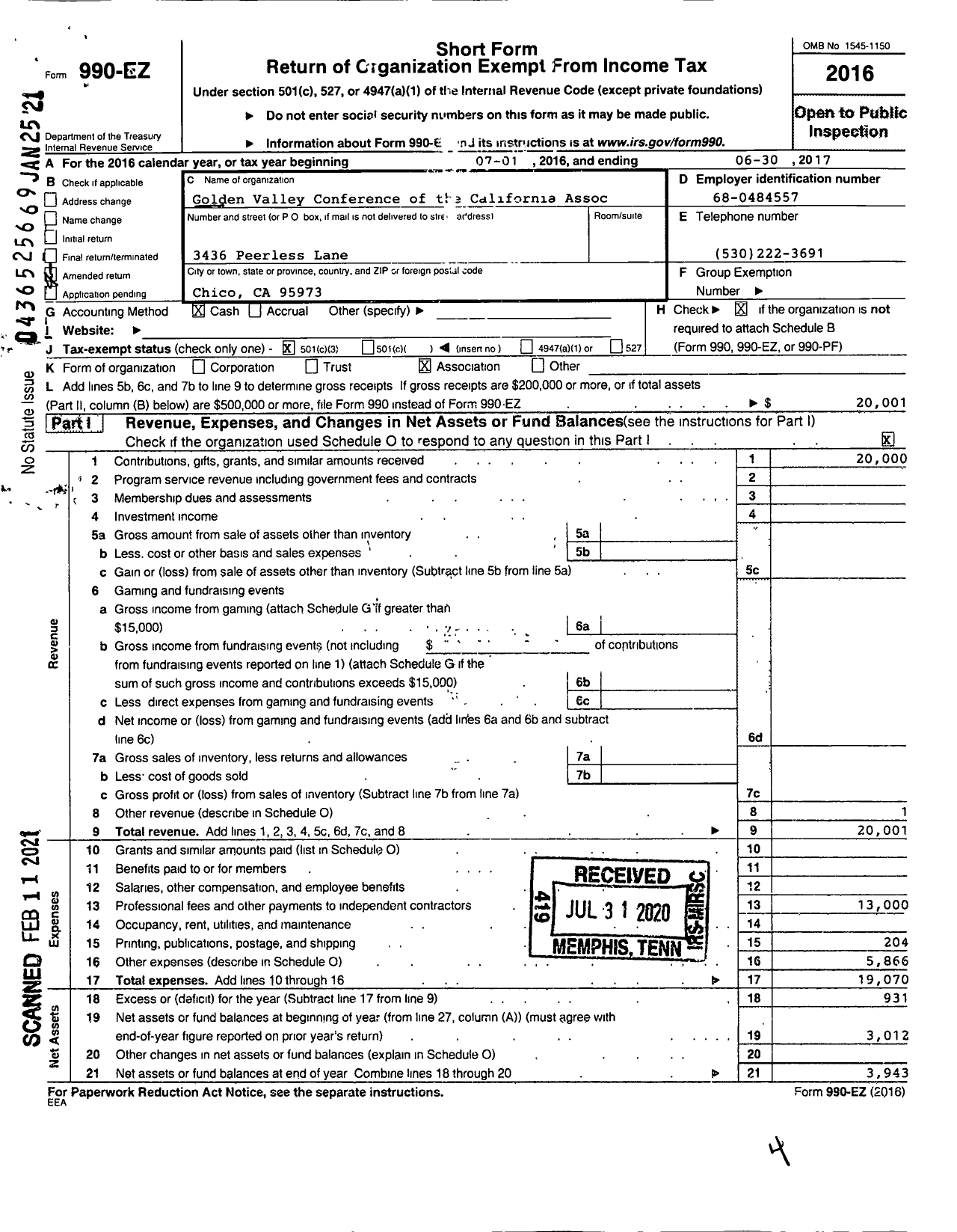 Image of first page of 2016 Form 990EA for Golden Valley Conference of the California Association of Community Coll