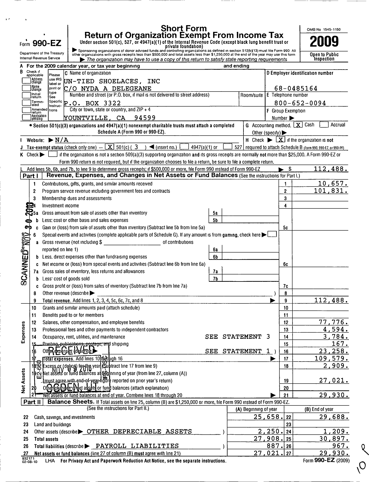 Image of first page of 2009 Form 990EZ for Un-Tied Shoelaces