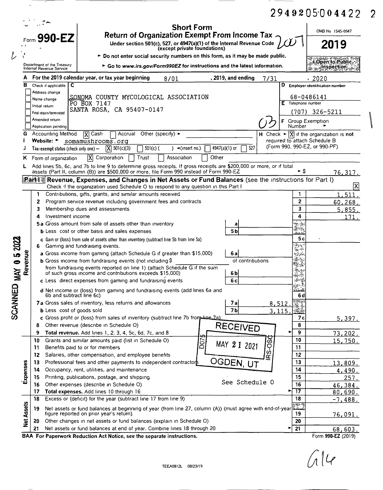 Image of first page of 2019 Form 990EZ for Sonoma County Mycological Association (SOMA)