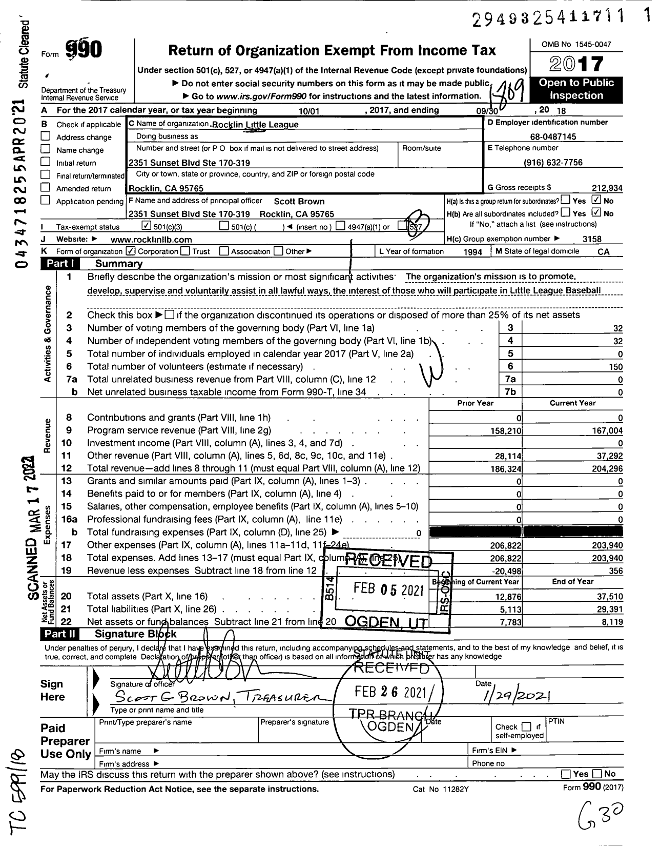 Image of first page of 2017 Form 990 for Little League Baseball - Rocklin Little League