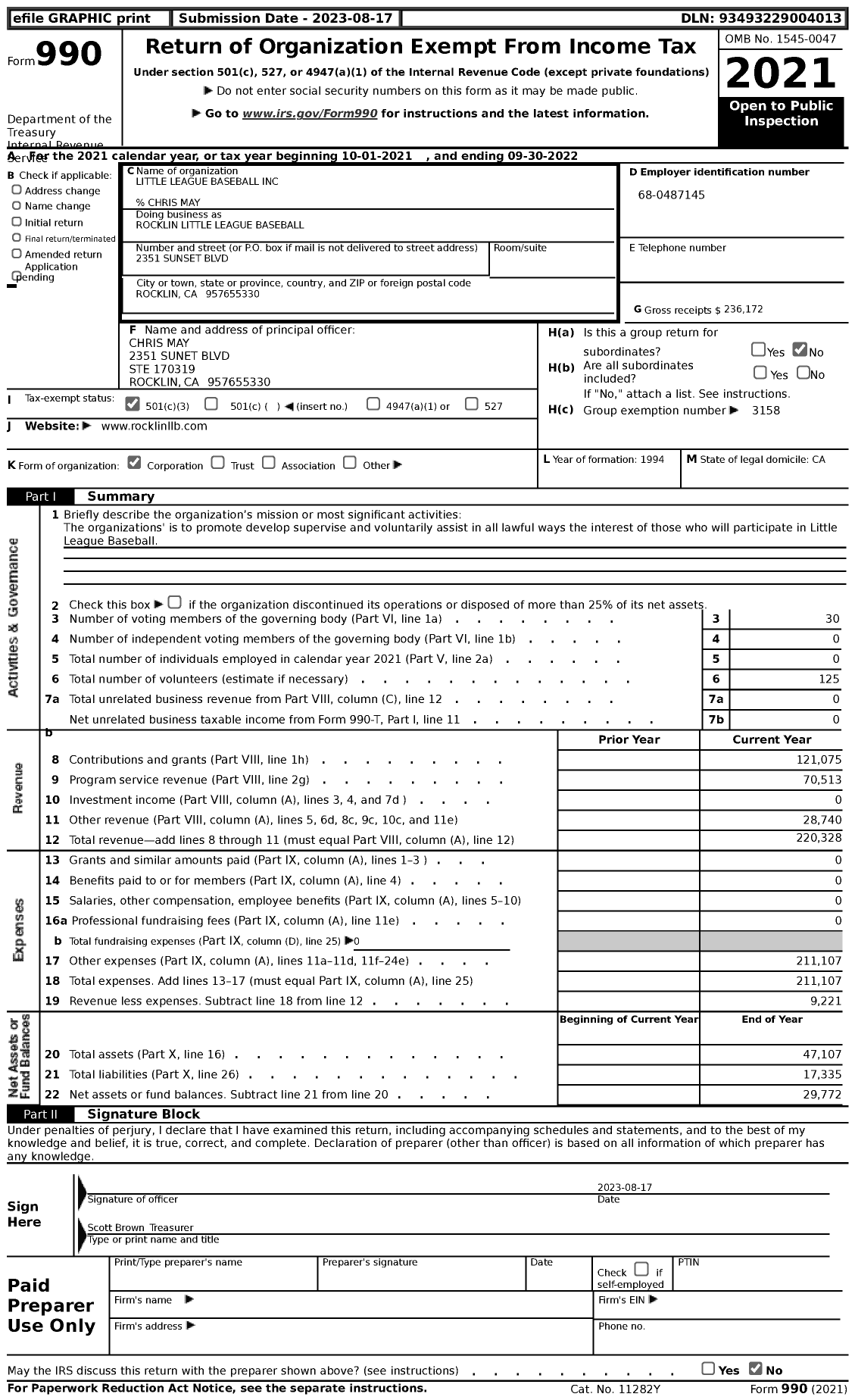 Image of first page of 2021 Form 990 for Little League Baseball - Rocklin Little League