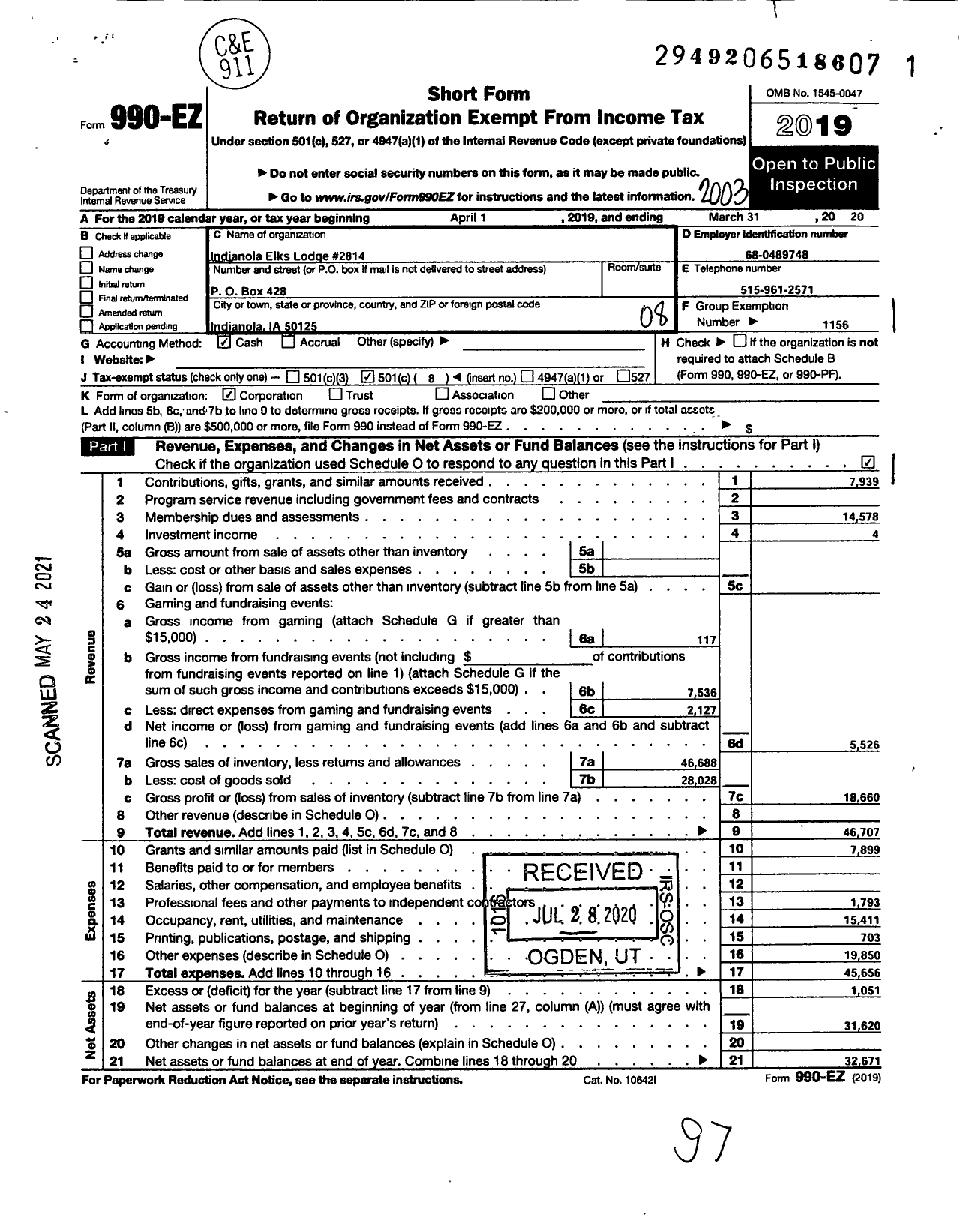 Image of first page of 2019 Form 990EO for Indianola Elks Lodge #2814