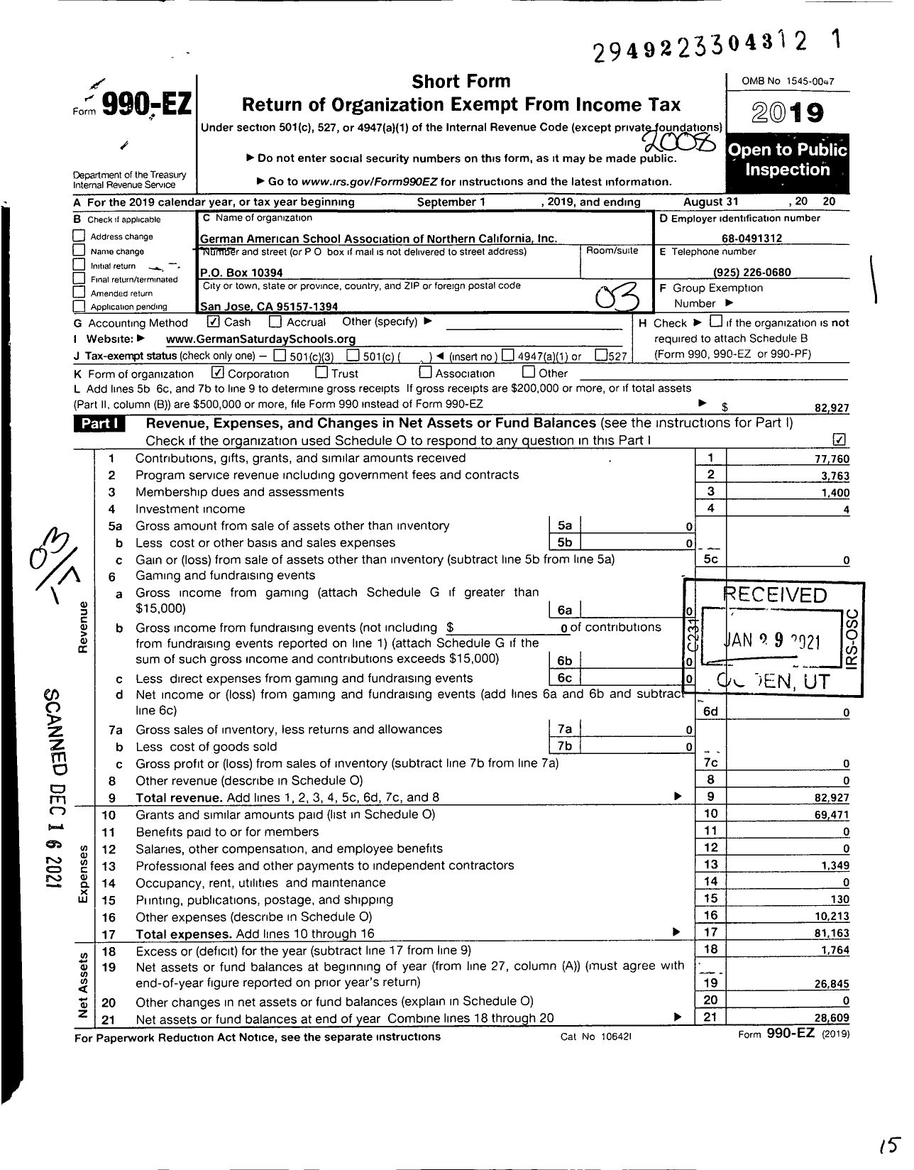 Image of first page of 2019 Form 990EZ for German American School Association of Northern California