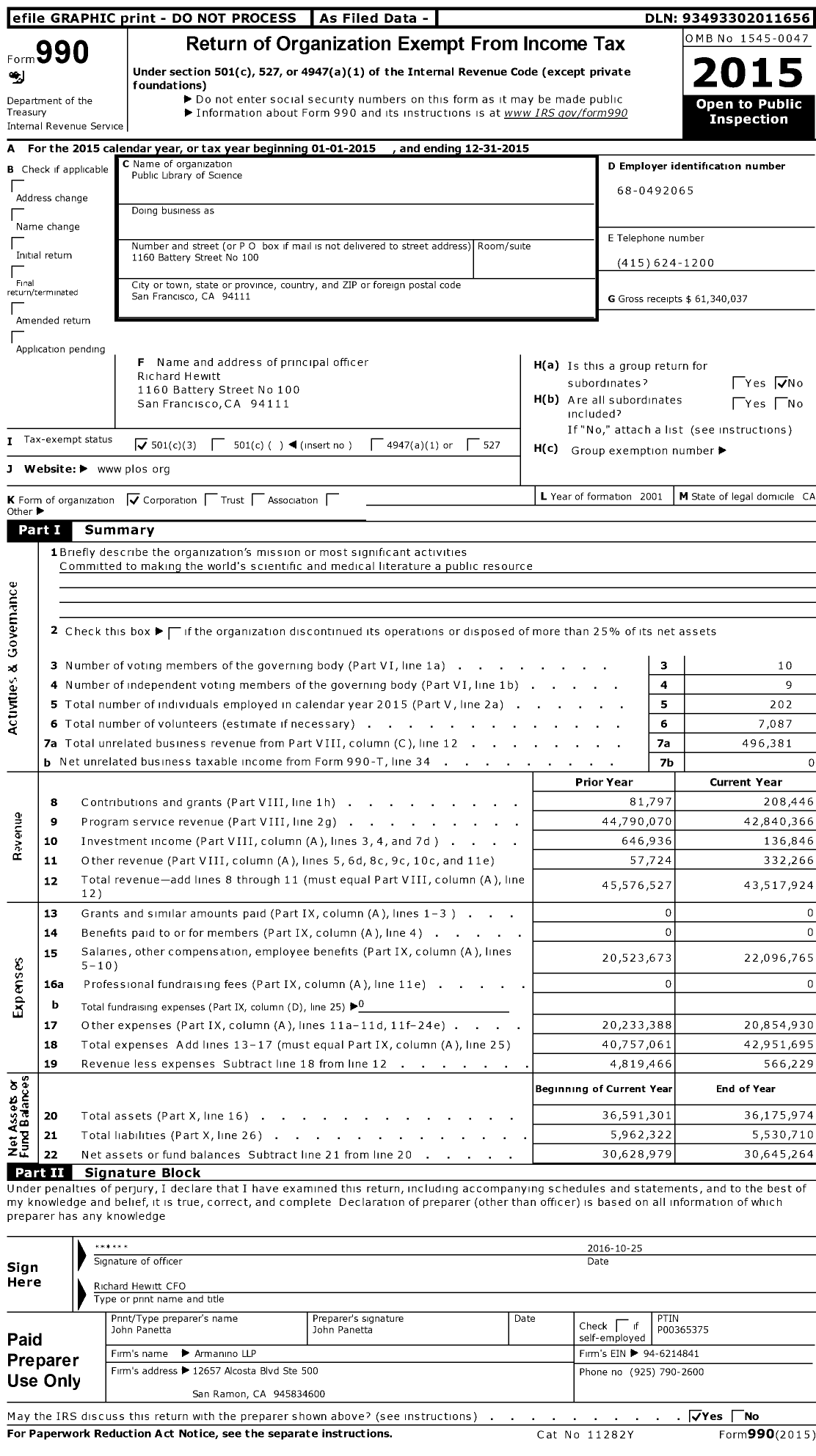 Image of first page of 2015 Form 990 for Public Library of Science (PLOS)
