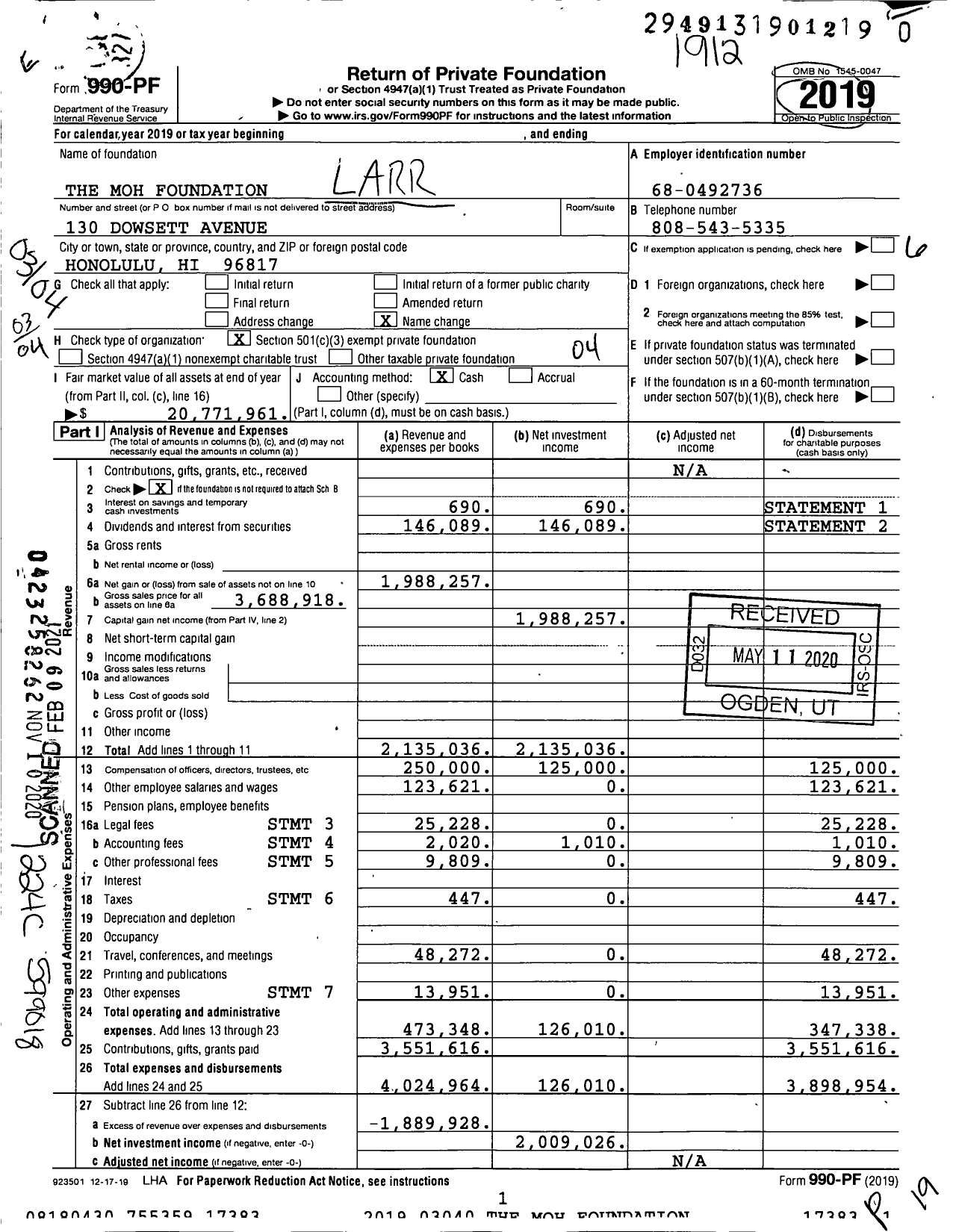 Image of first page of 2019 Form 990PF for THE Moh FOUNDATION