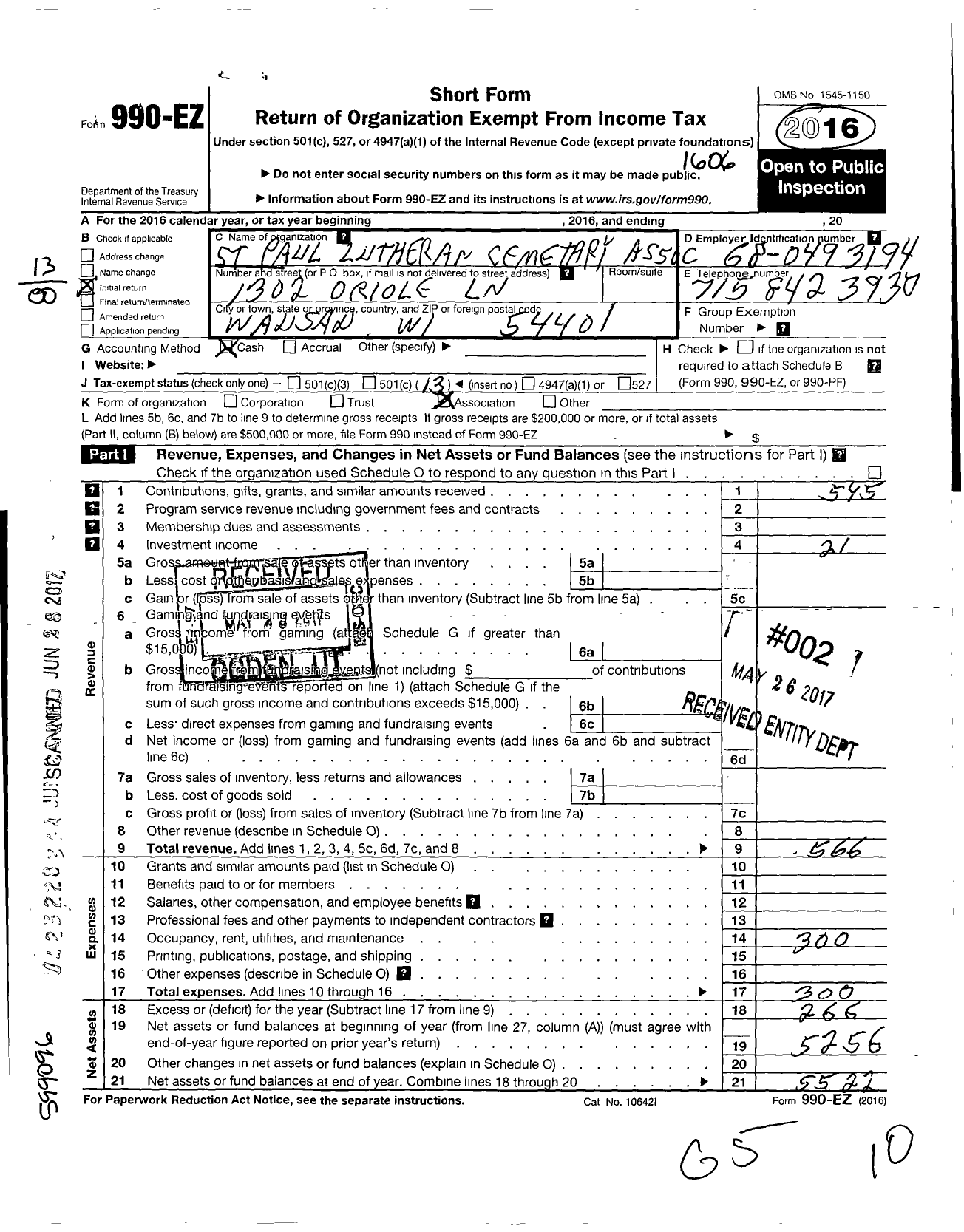 Image of first page of 2015 Form 990EO for St Paul Lutheran Cemetary Associate