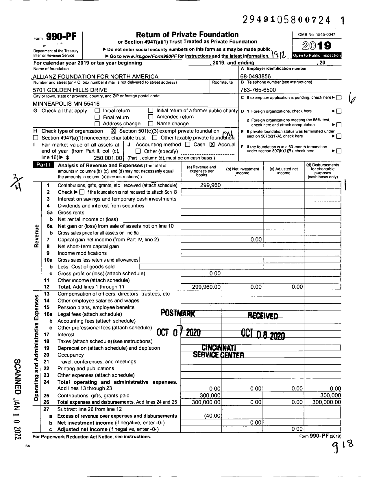 Image of first page of 2019 Form 990PF for Allianz Foundation for North America