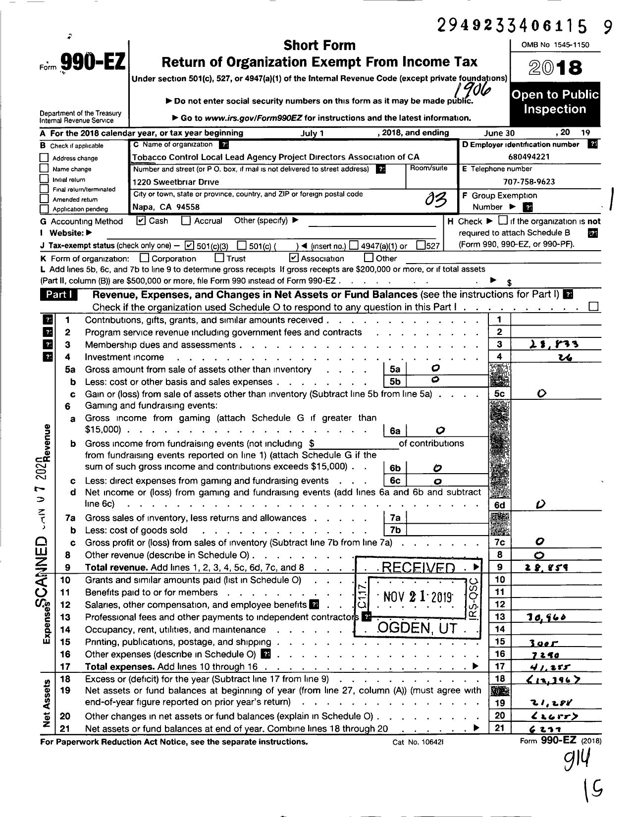 Image of first page of 2018 Form 990EZ for Tobacco Control Local Lead Agency Project Directors Association of Ca