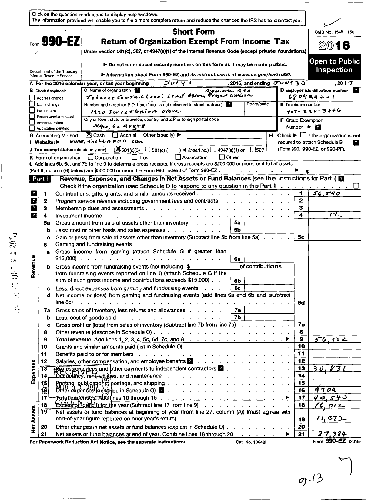 Image of first page of 2016 Form 990EZ for Tobacco Control Local Lead Agency Project Directors Association of Ca