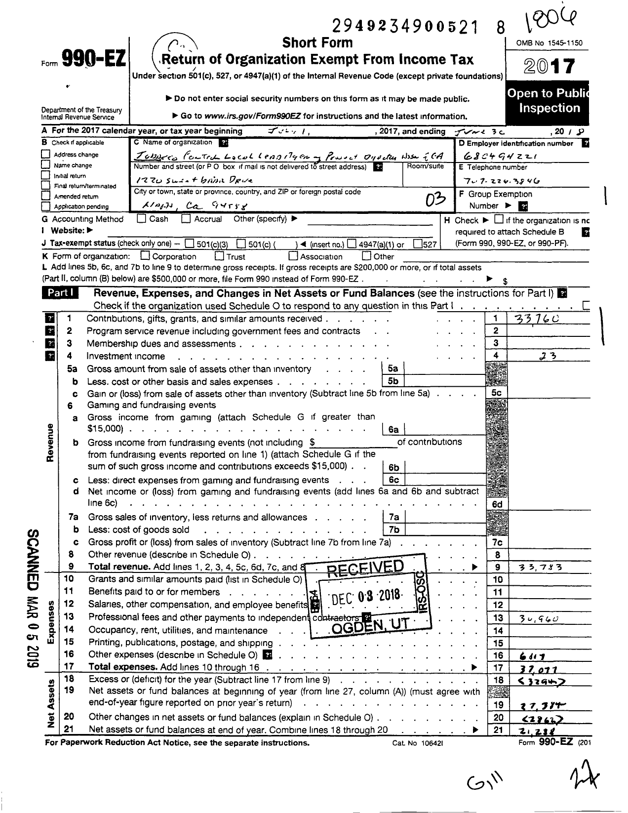 Image of first page of 2017 Form 990EZ for Tobacco Control Local Lead Agency Project Directors Association of Ca