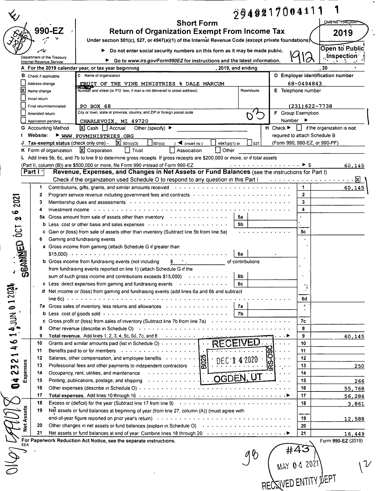 Image of first page of 2019 Form 990EZ for Fruit of the Vine Ministries