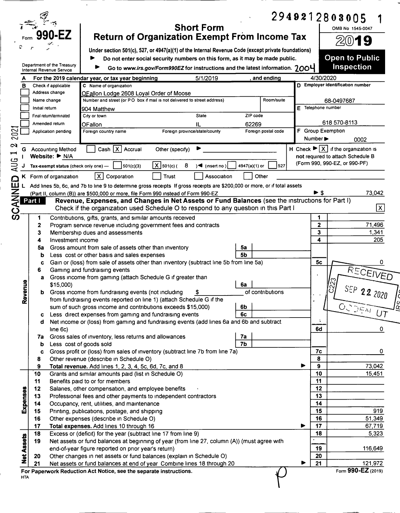 Image of first page of 2019 Form 990EO for Loyal Order of Moose - 2608