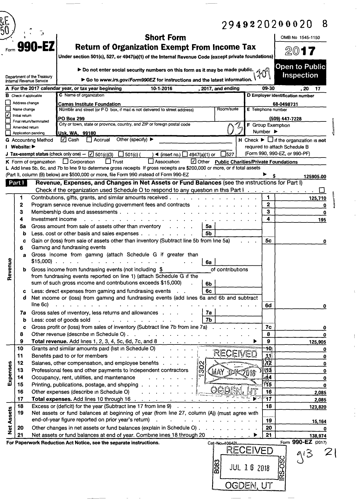 Image of first page of 2016 Form 990EZ for Camas Foundation