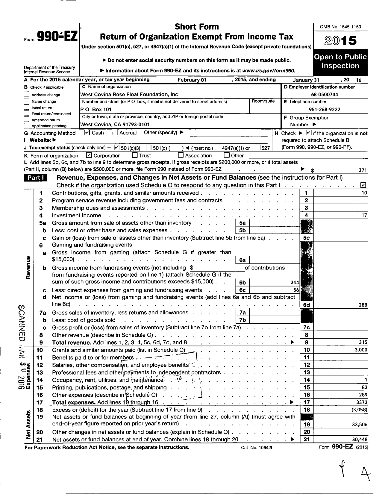 Image of first page of 2015 Form 990EZ for West Covina Rose Float Foundation