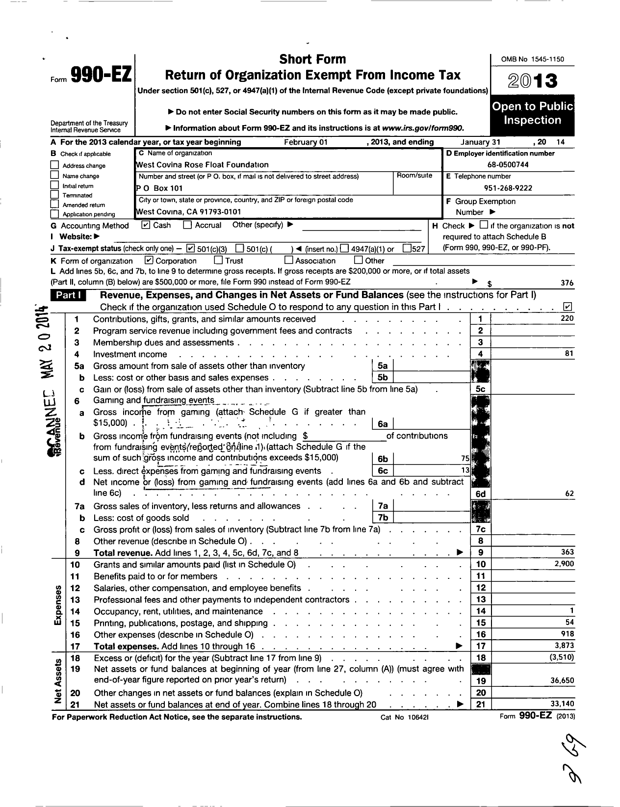 Image of first page of 2013 Form 990EZ for West Covina Rose Float Foundation