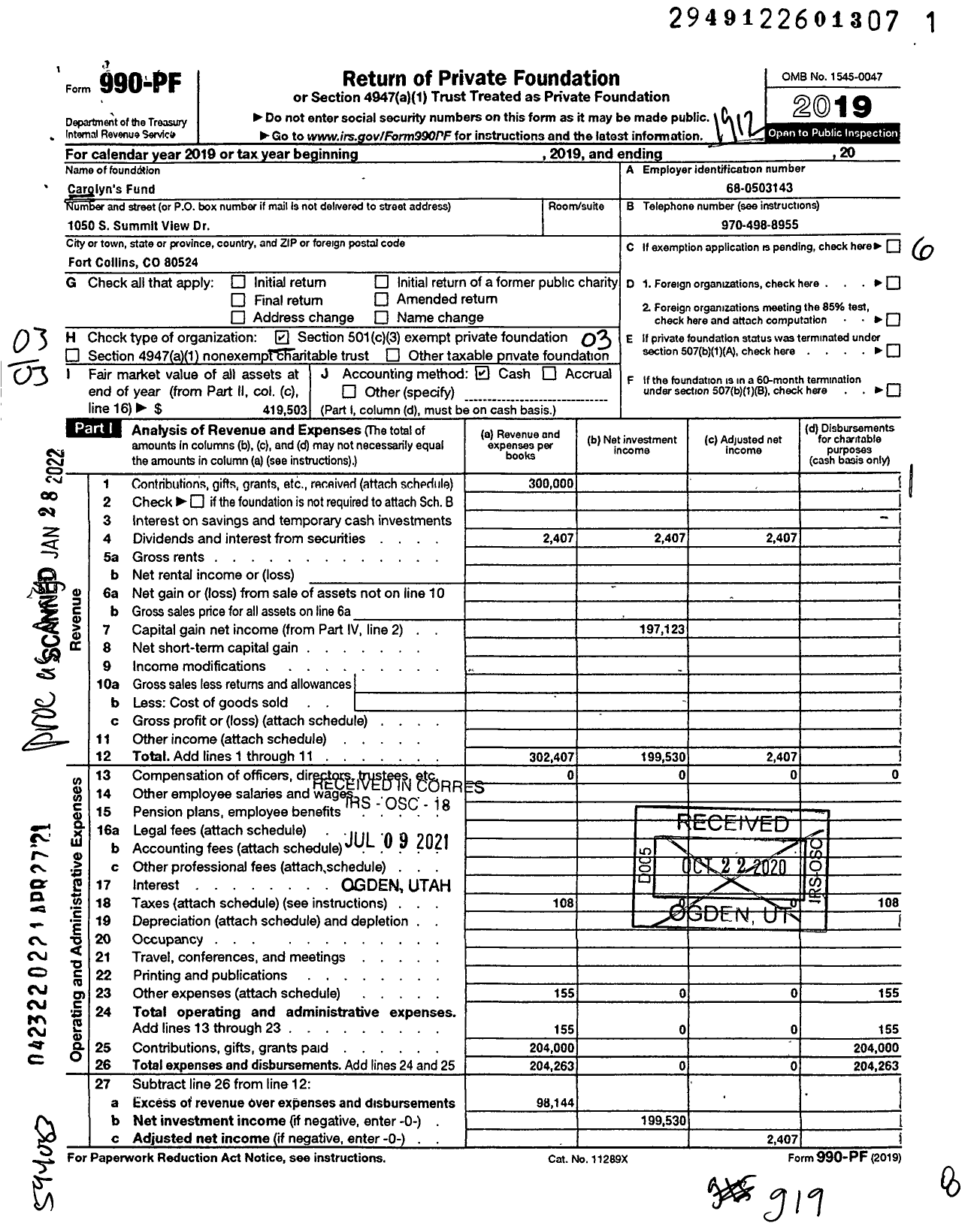 Image of first page of 2019 Form 990PF for Carolyns Fund