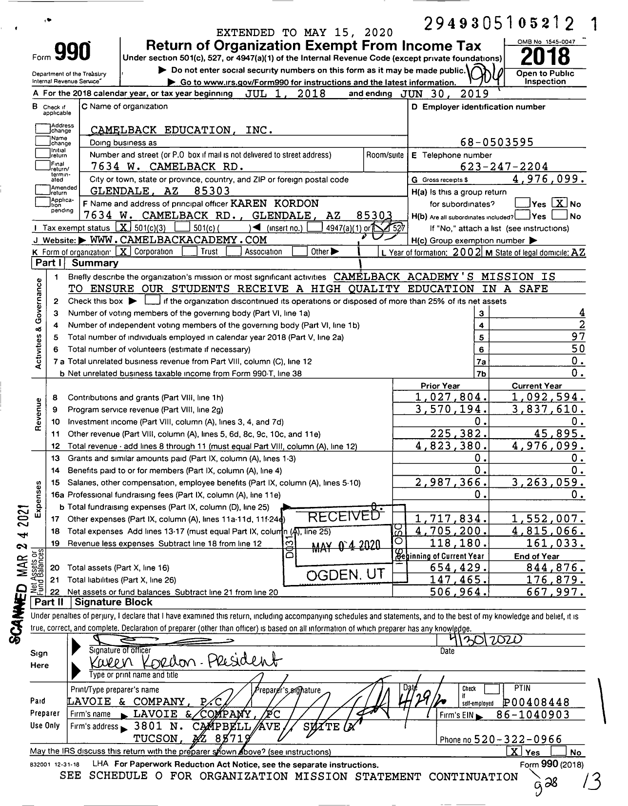 Image of first page of 2018 Form 990 for Camelback Education