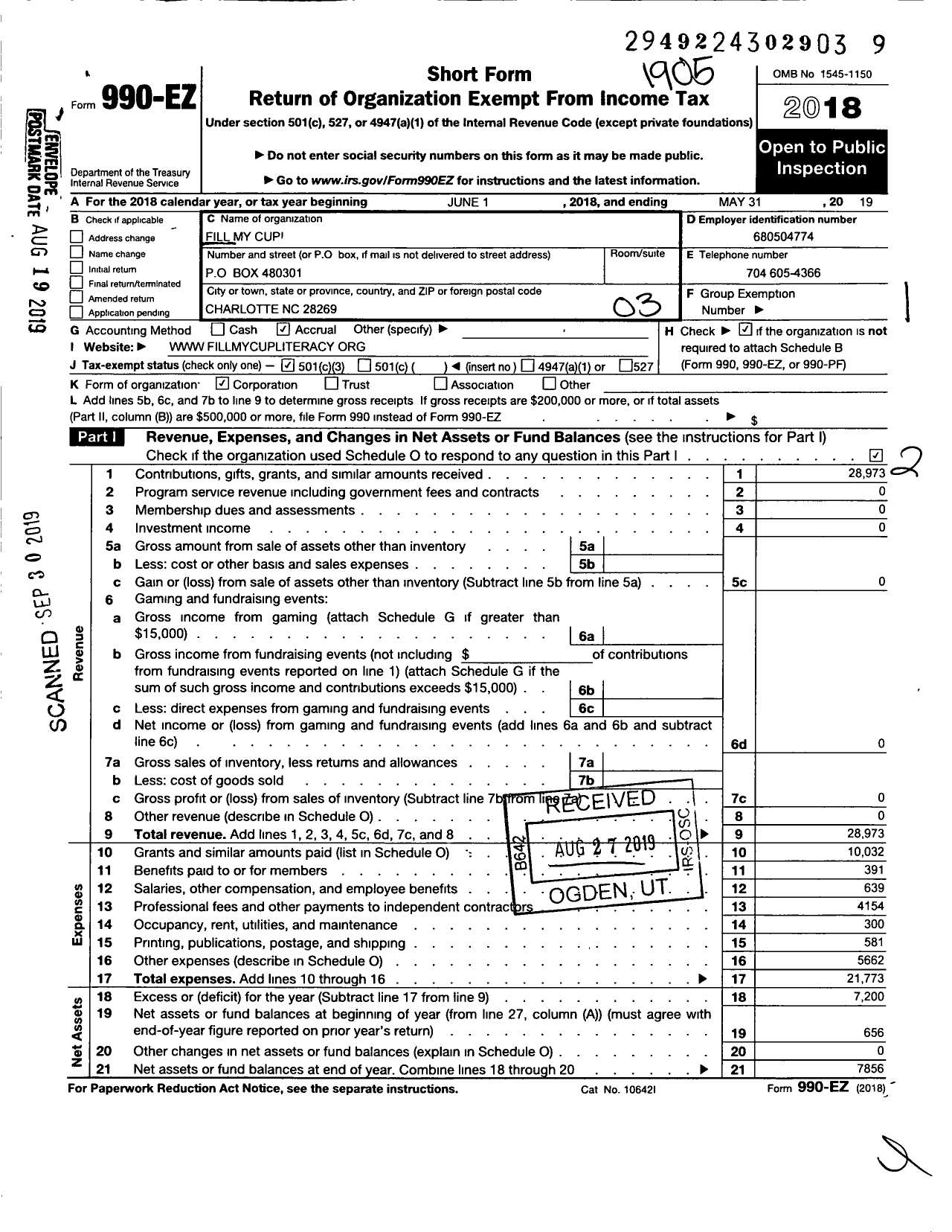 Image of first page of 2018 Form 990EZ for Fill My Cup