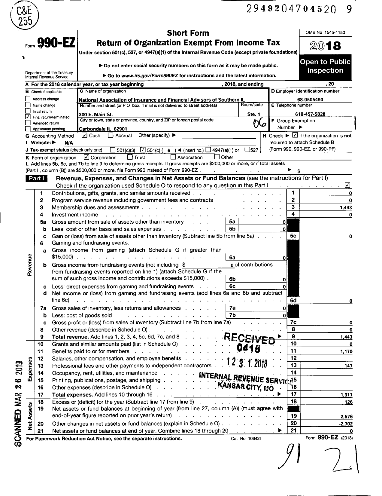 Image of first page of 2018 Form 990EO for National Association of Insurance and Financial Advisors of Southern Il