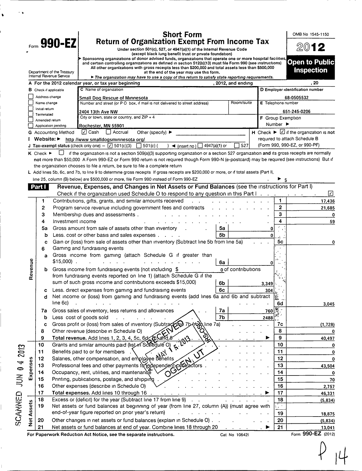 Image of first page of 2012 Form 990EZ for Small Dog Rescue of MN