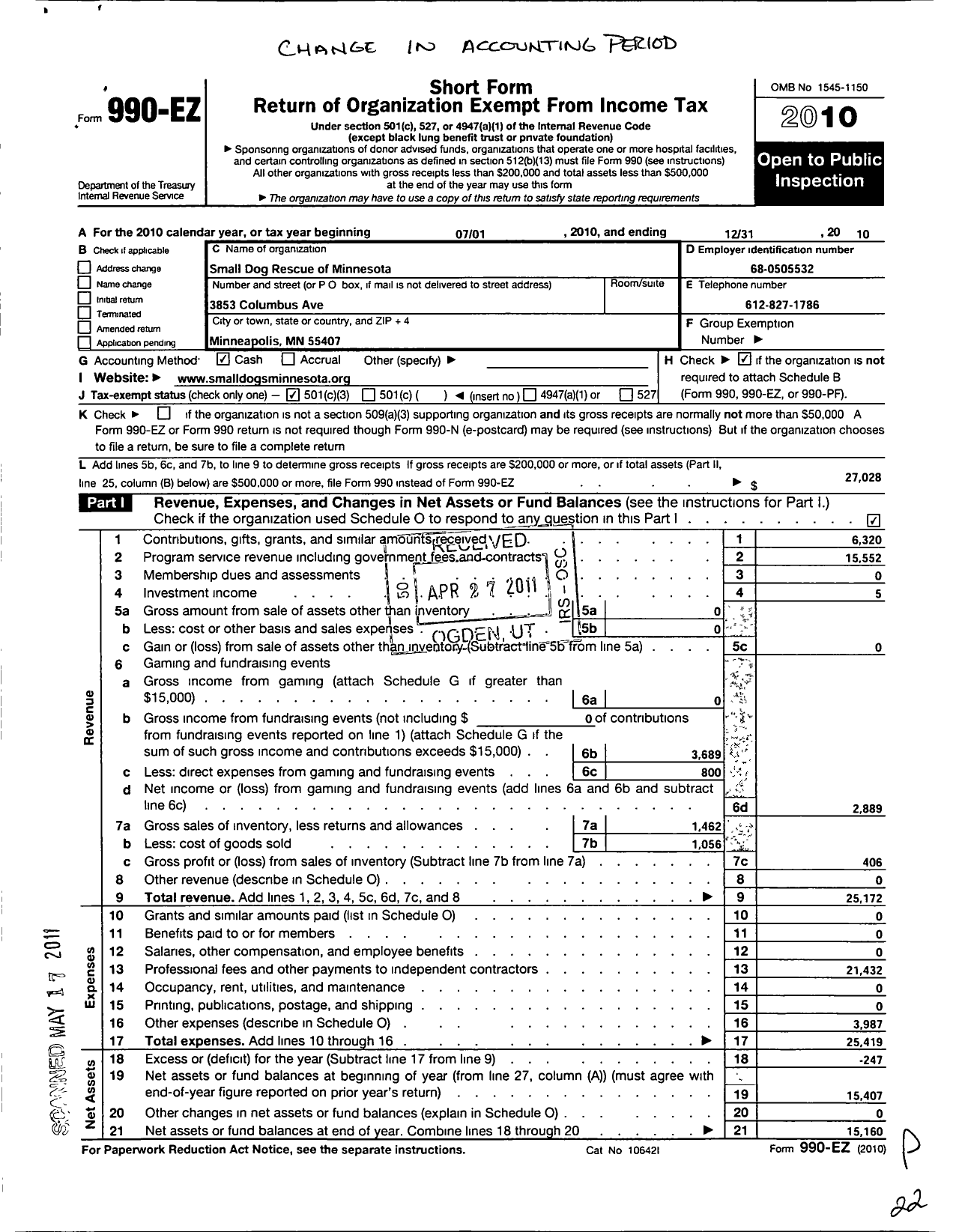 Image of first page of 2010 Form 990EZ for Small Dog Rescue of MN