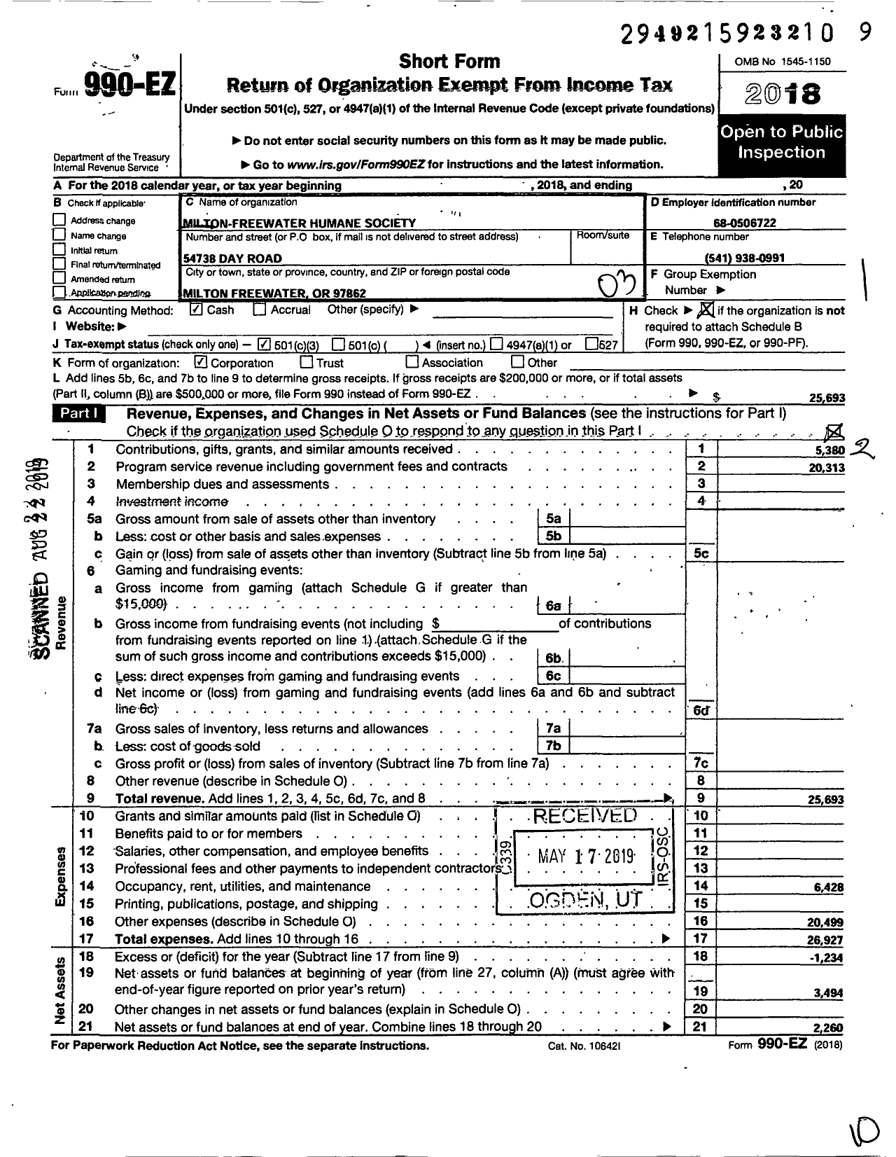 Image of first page of 2018 Form 990EZ for Milton-Freewater Humane Society