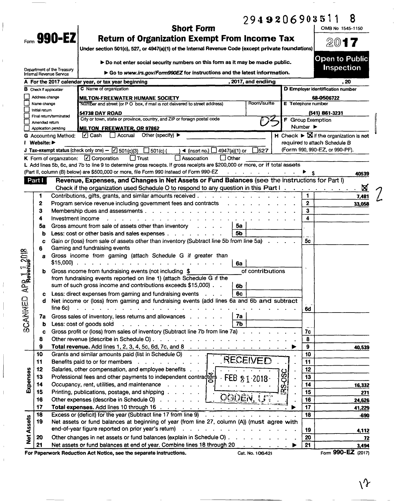 Image of first page of 2017 Form 990EZ for Milton-Freewater Humane Society