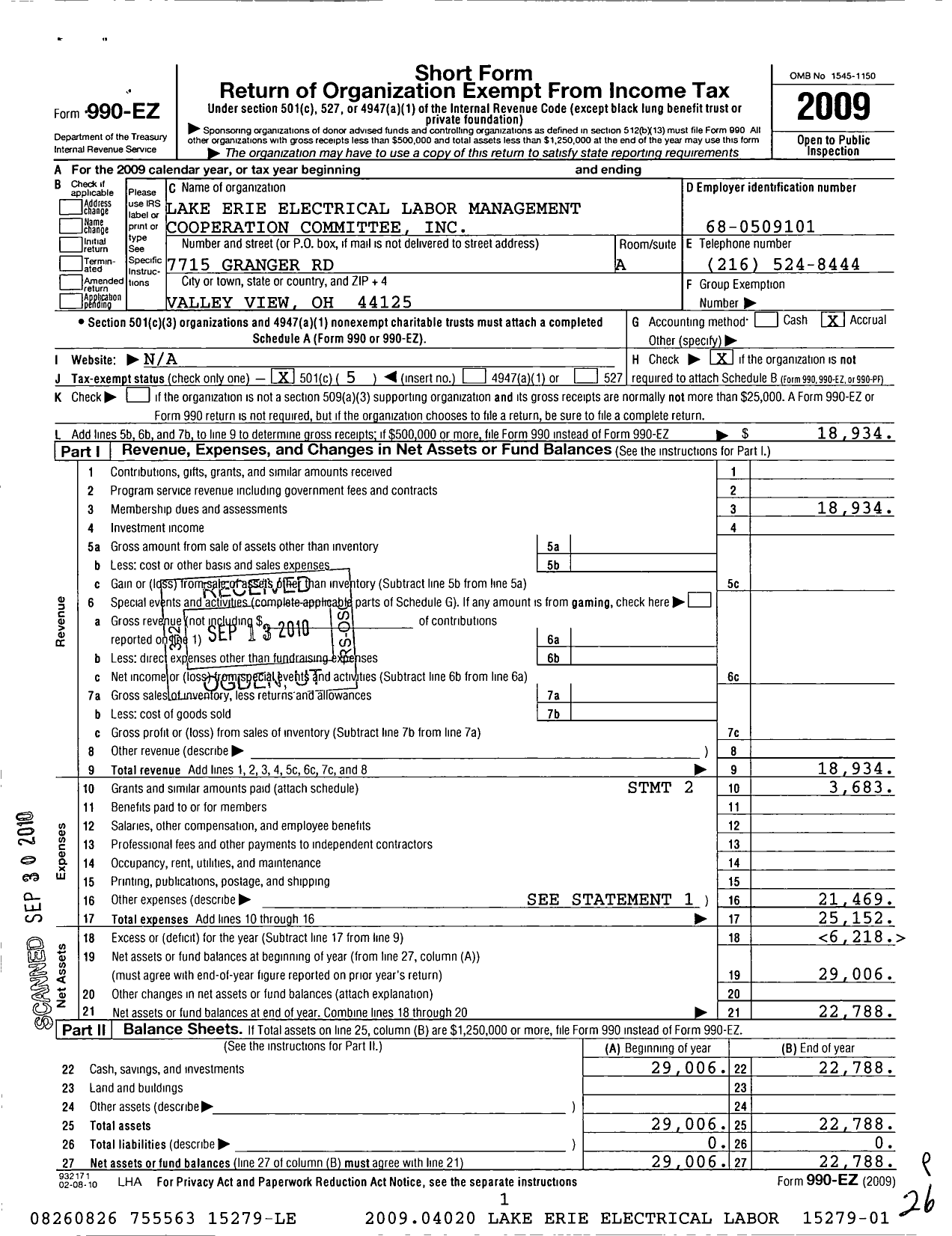 Image of first page of 2009 Form 990EO for Lake Erie Electrical Labor Management Cooperative Committee