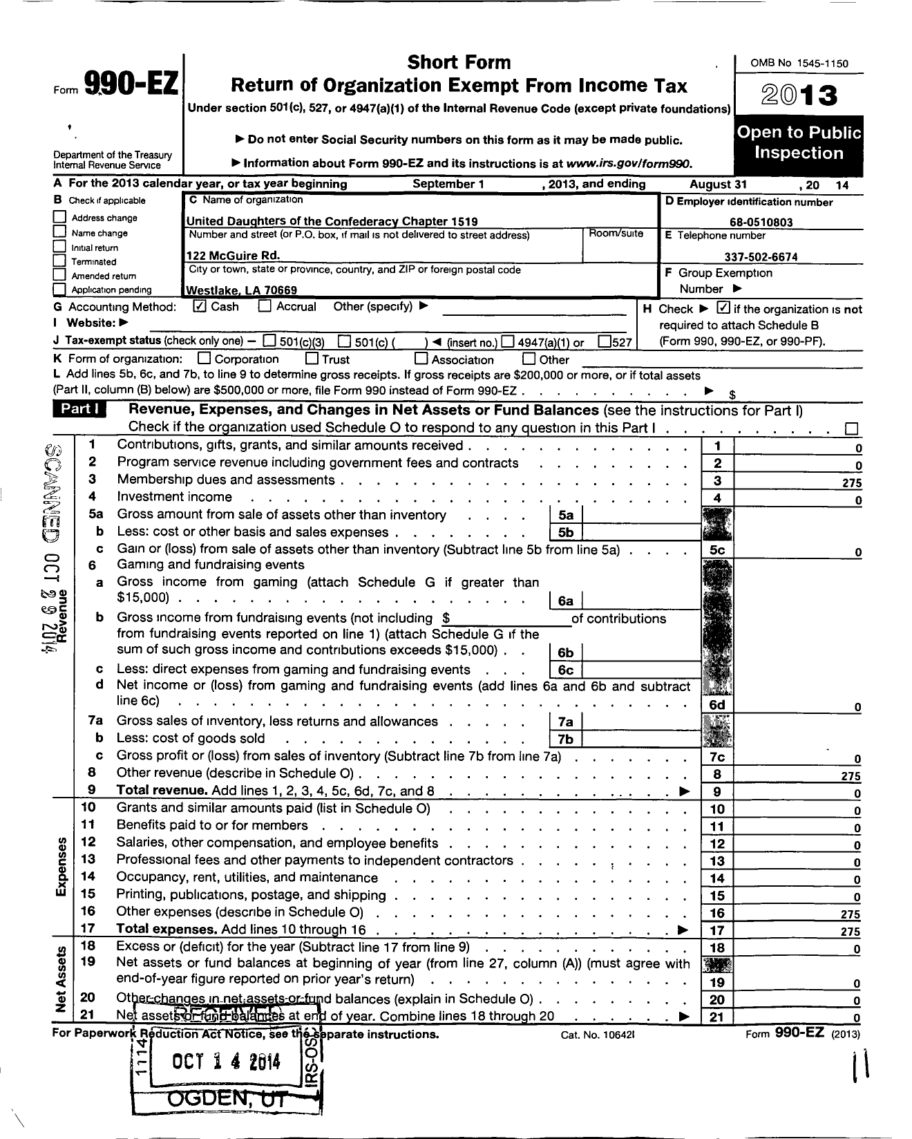 Image of first page of 2013 Form 990EO for United Daughters of the Confederacy - 1519 Calcasieu Chapter