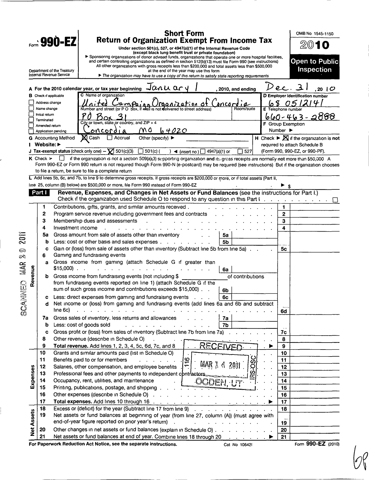 Image of first page of 2010 Form 990EZ for United Campaign Organization of Concordia
