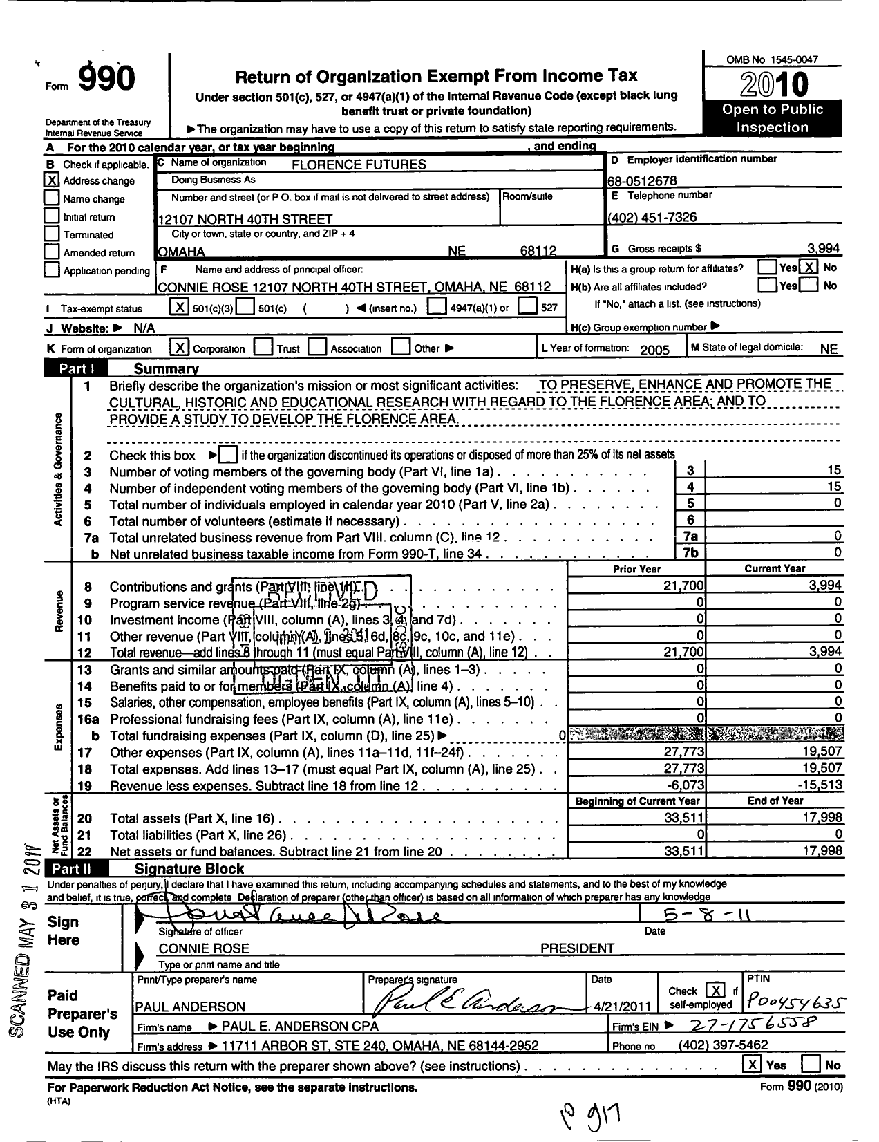 Image of first page of 2010 Form 990 for Florence Futures